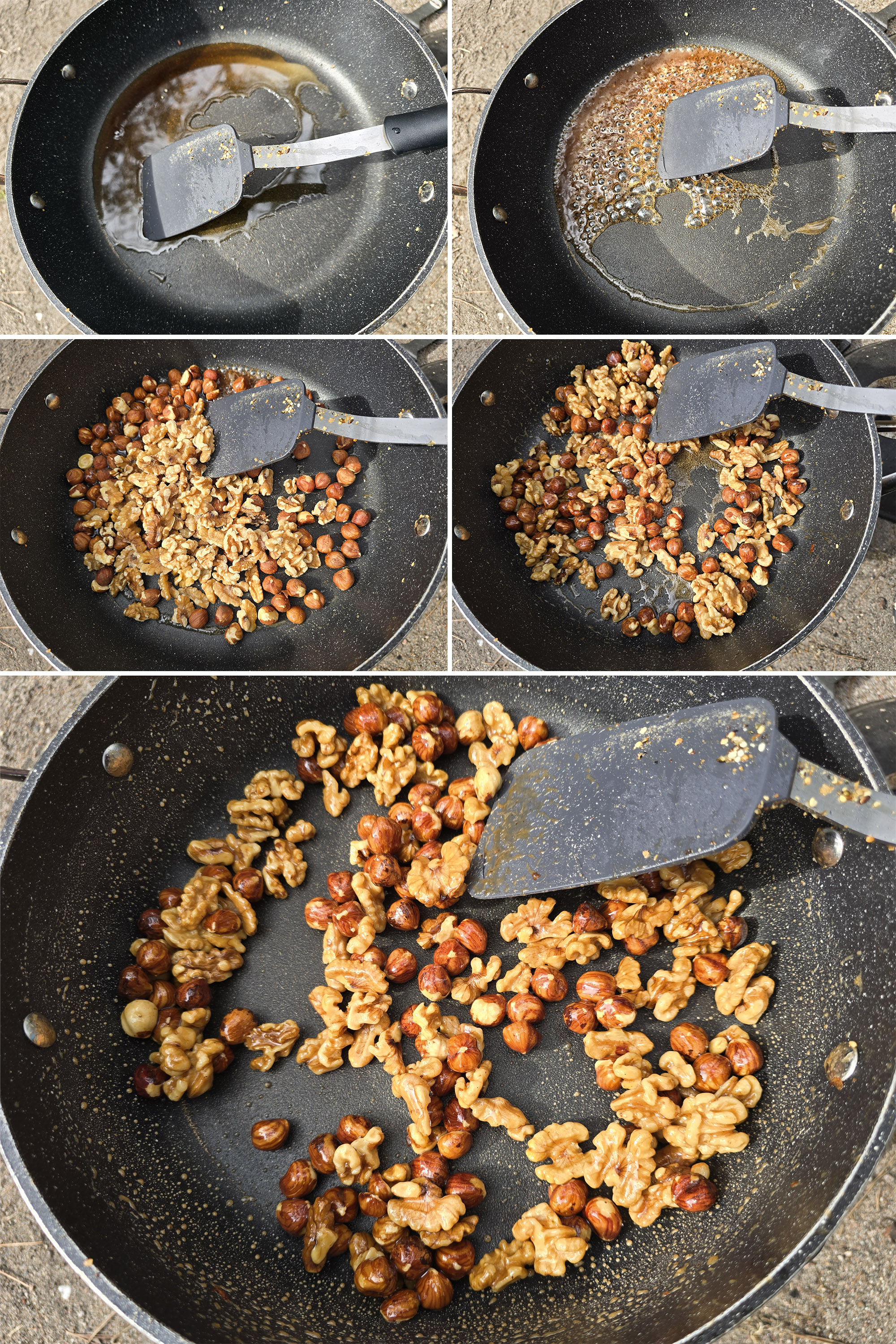 5 part image showing walnuts and hazelnuts being glazed with maple syrup.