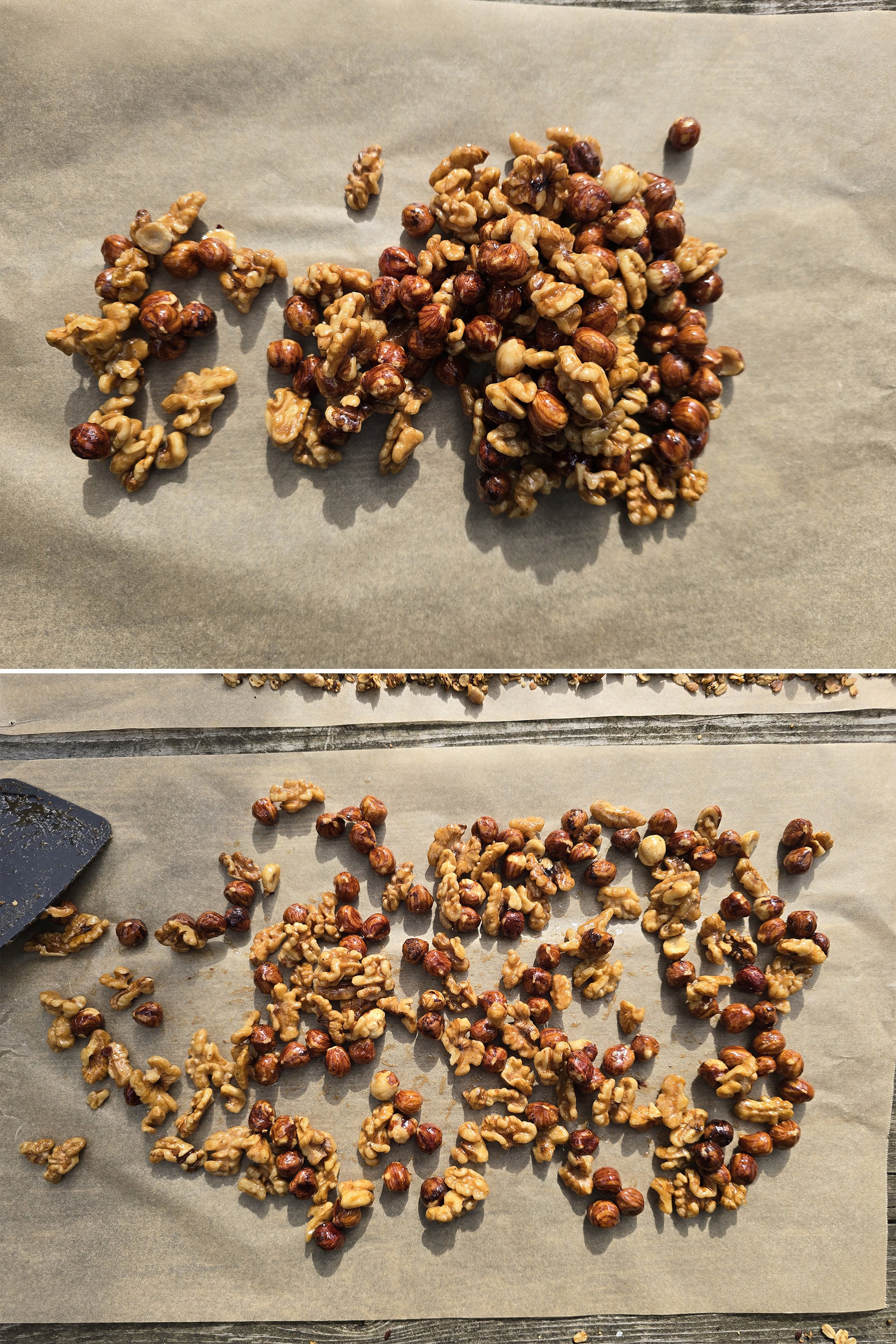 2 part image showing the maple glazed nuts being spread out on parchment paper.