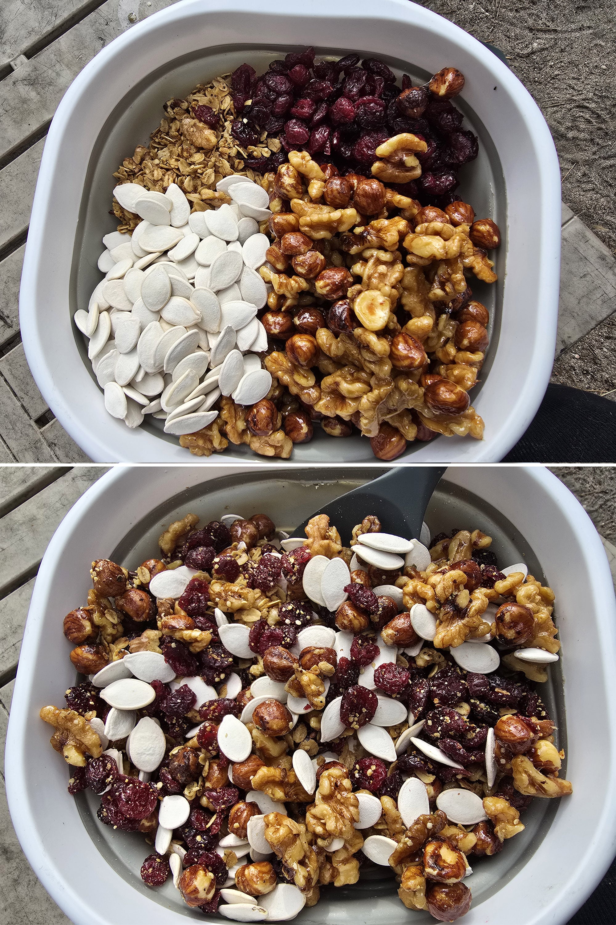 2 part image showing the dried candied nuts being mixed with the remaining ingredients.