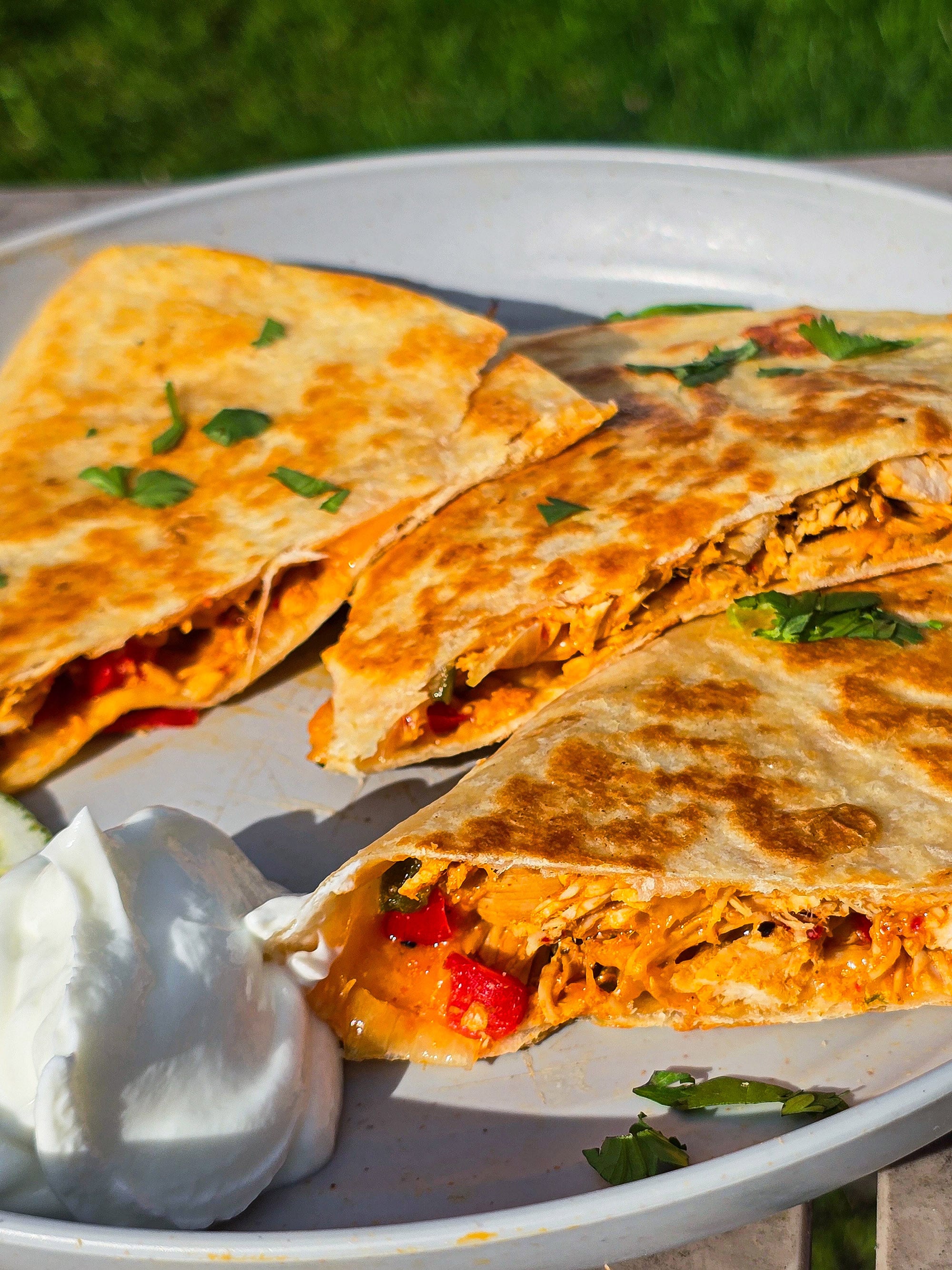 Grilled chicken quesadillas on a plate with sour cream and cilantro.