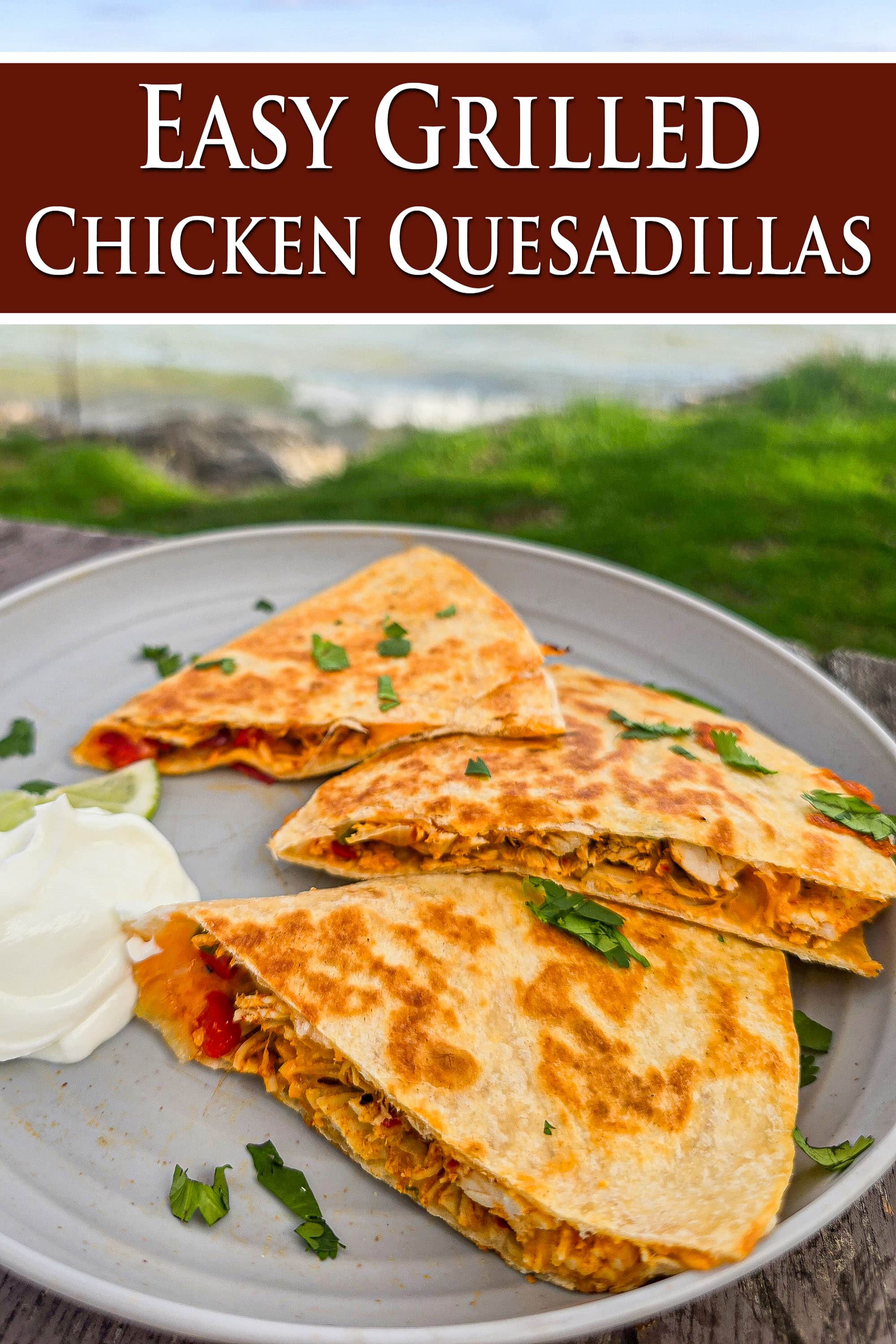 A sliced grilled chicken quesadilla on a plate with sour cream and cilantro. Overlaid text says easy grilled chicken quesadillas.