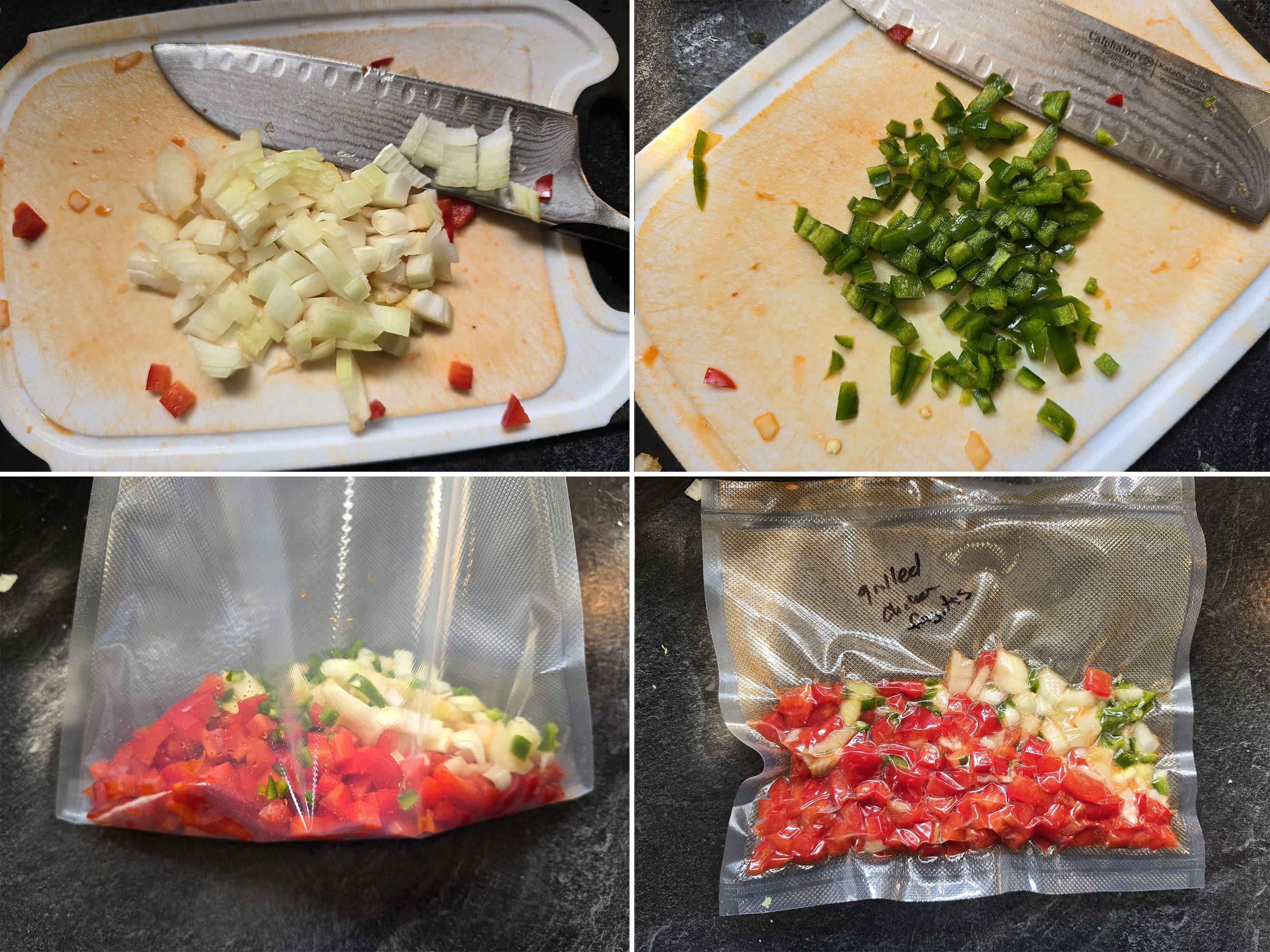 4 part image showing onions and peppers being cut and vacuumed sealed in a freezer baggie.