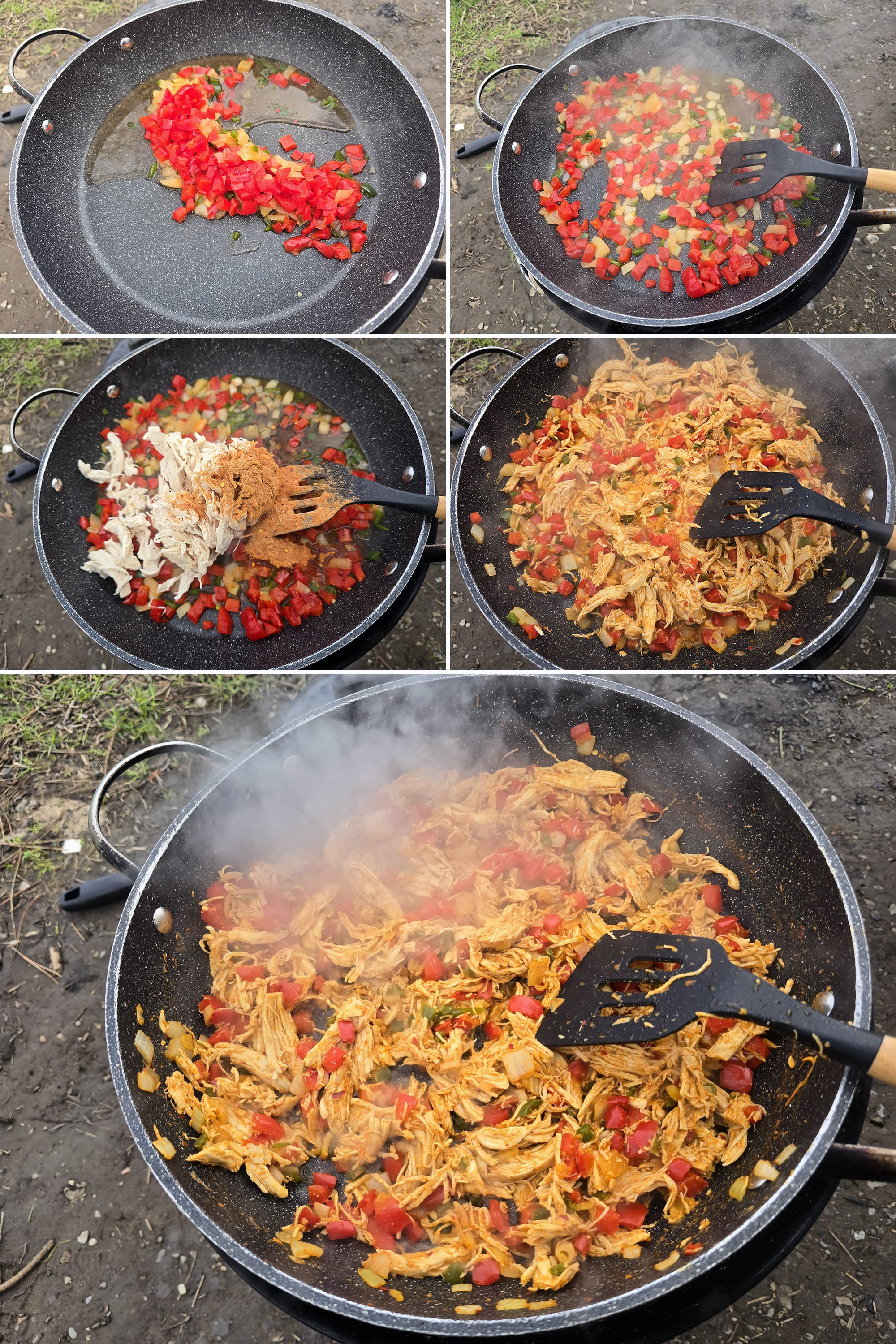 5 part image showing peppers and onions cooking, then chicken, spices, and broth being added and cooked down.