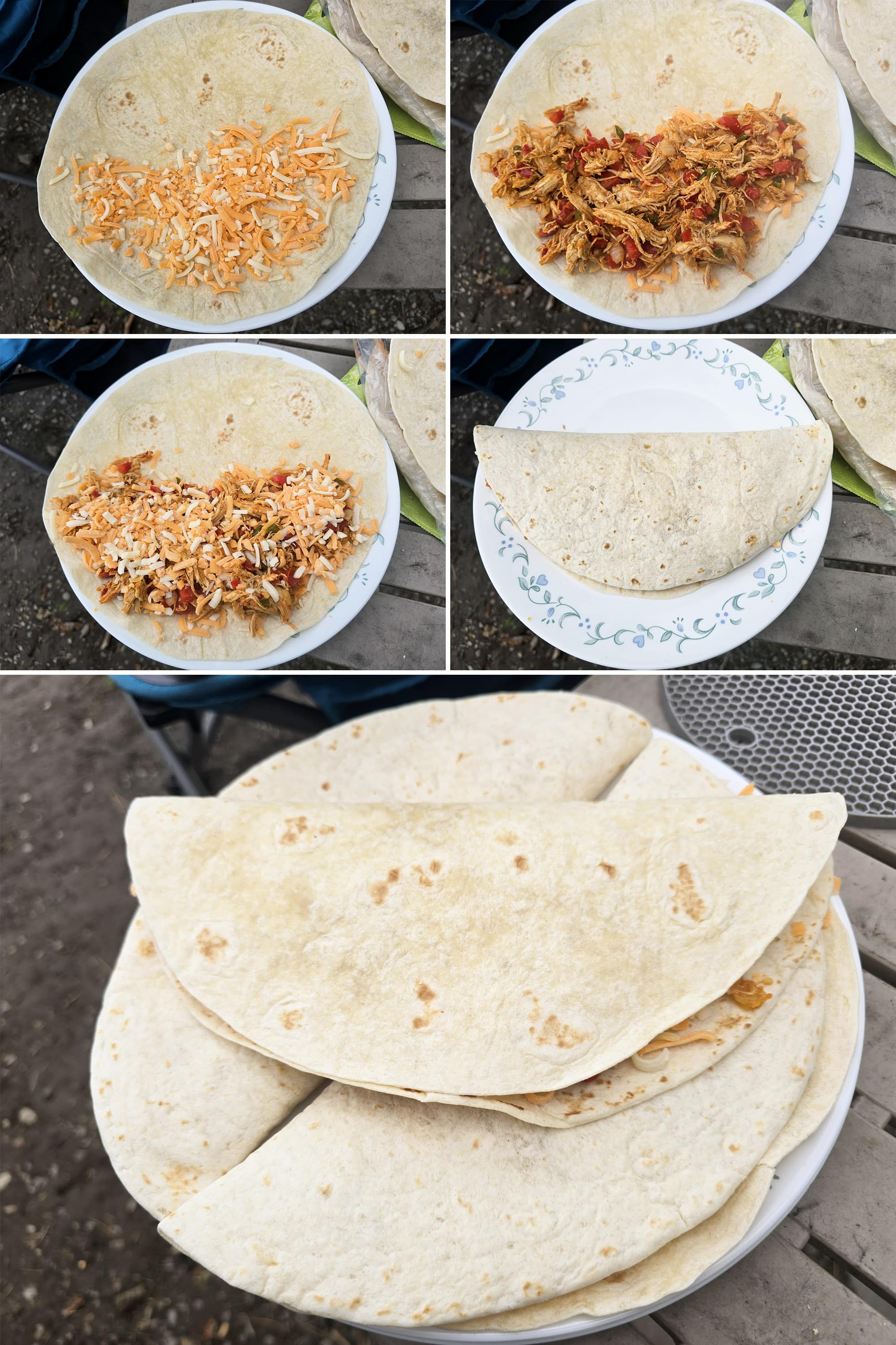 5 part image showing cheese and chicken mixture being layered on a flour tortilla, then folded and added to a plate of assembled chicken quesadillas.