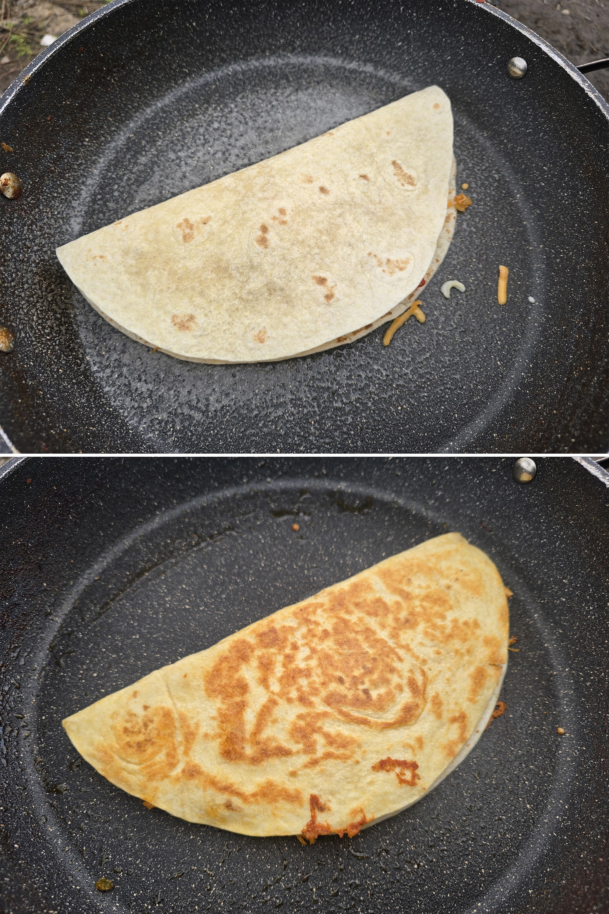 2 part image showing a chicken quesadilla cooking in a pan.