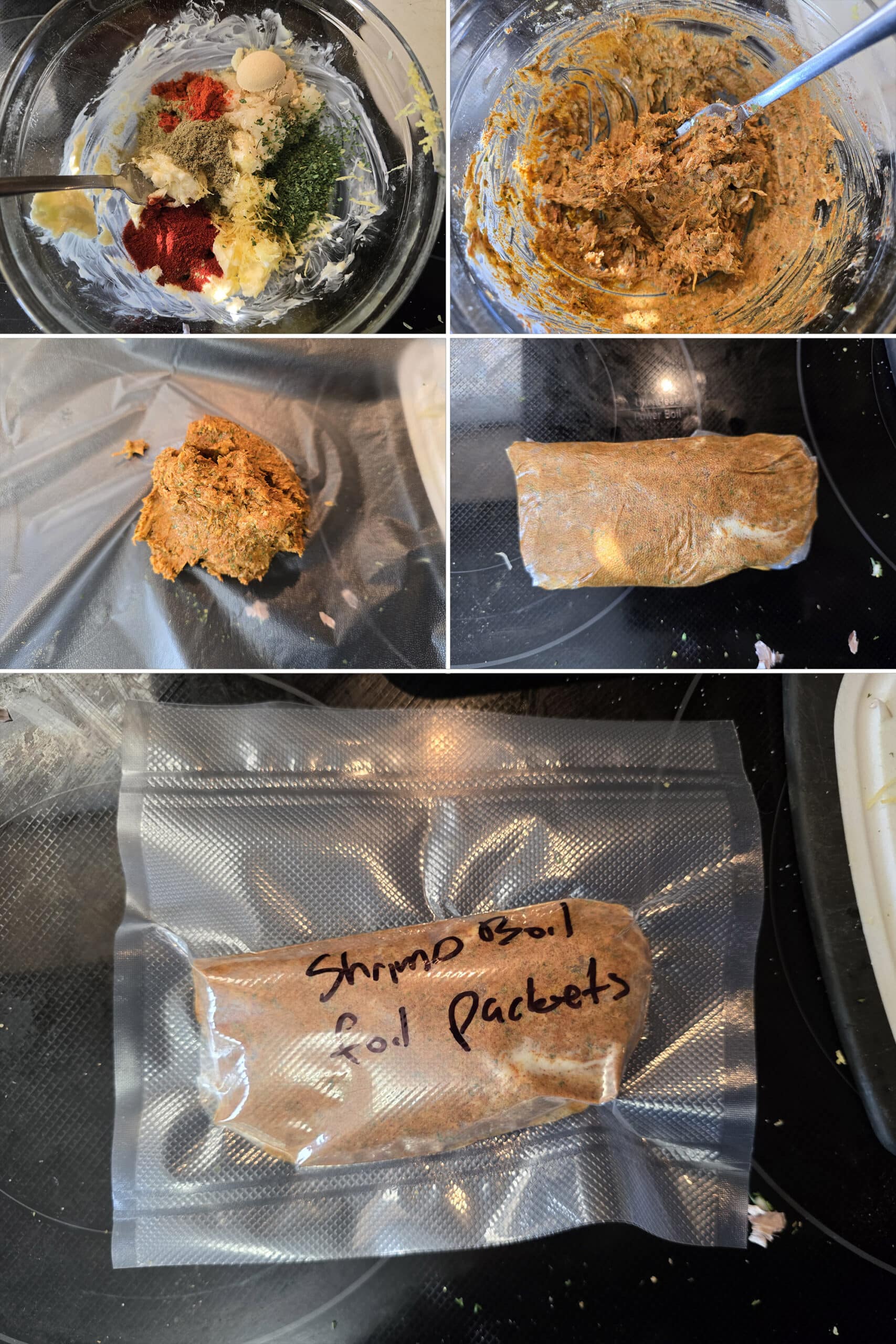 5 part image showing a spicy Cajun compound butter being mixed up, rolled into a log, and vacuumed sealed for the freezer.