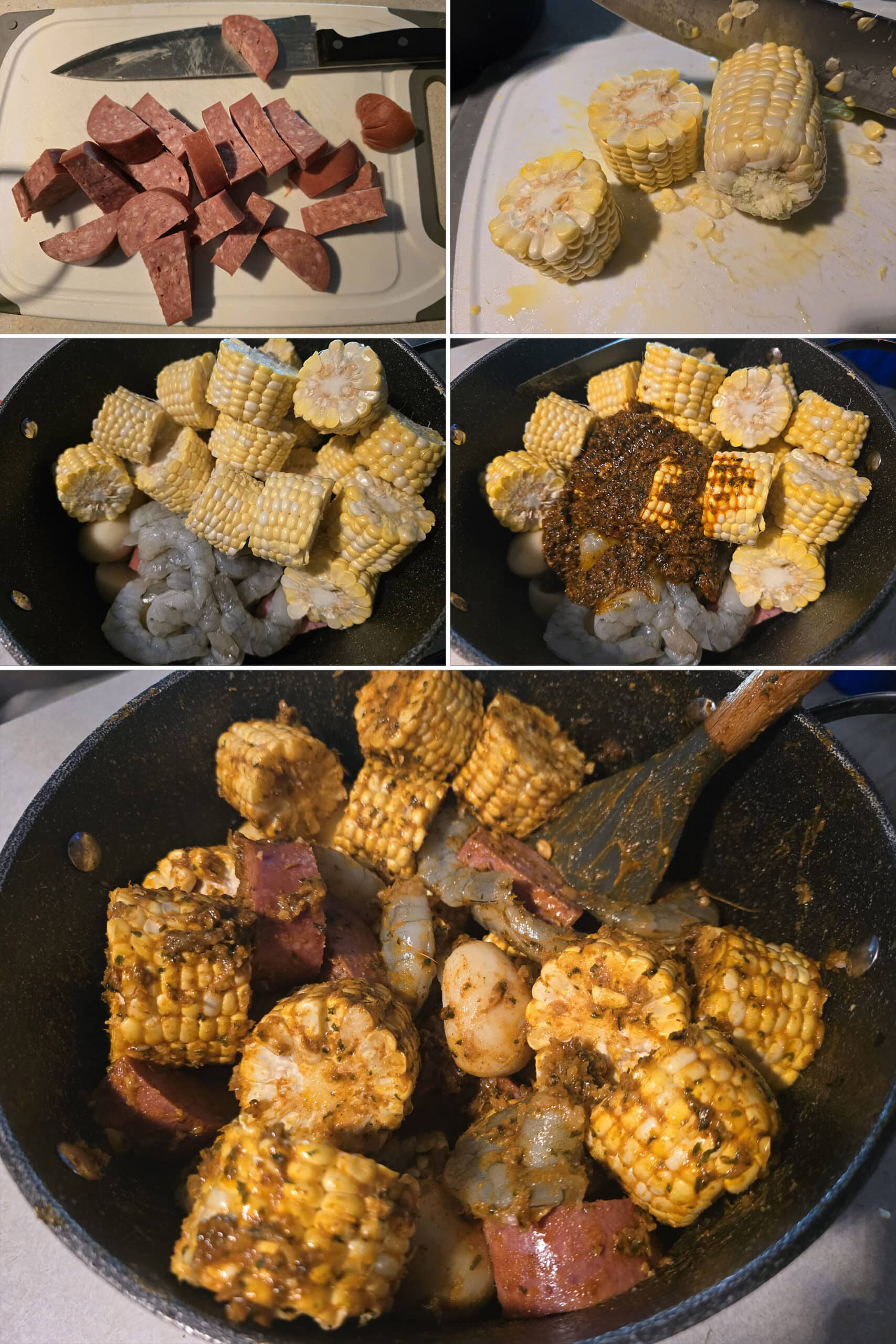 5 part image showing sauce and corn being cut, then added to a bowl with shrimp and canned potatoes and tossed with melted compound butter.