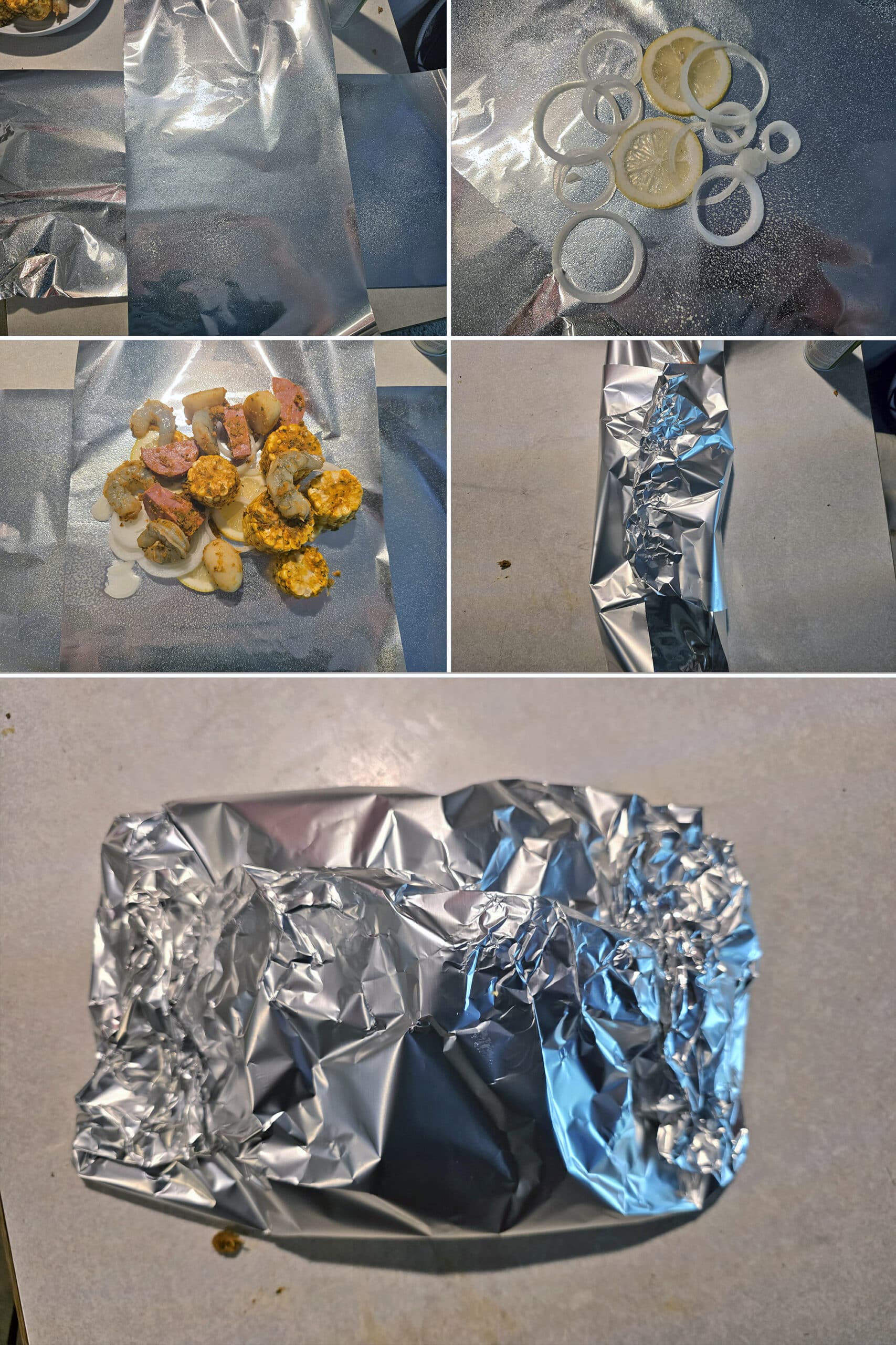 5 part image showing one of the foil packets being assembled and folded, as described.