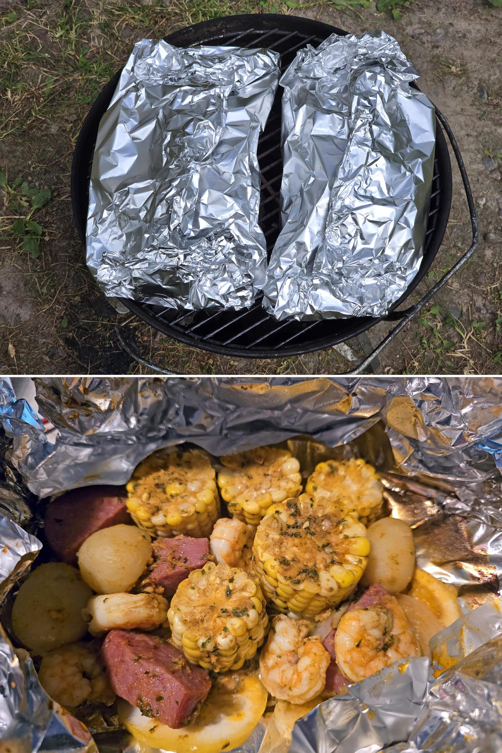 2 part image showing 2 shrimp boil foil packets on the grill, then one opened to show the final meal, cooked.