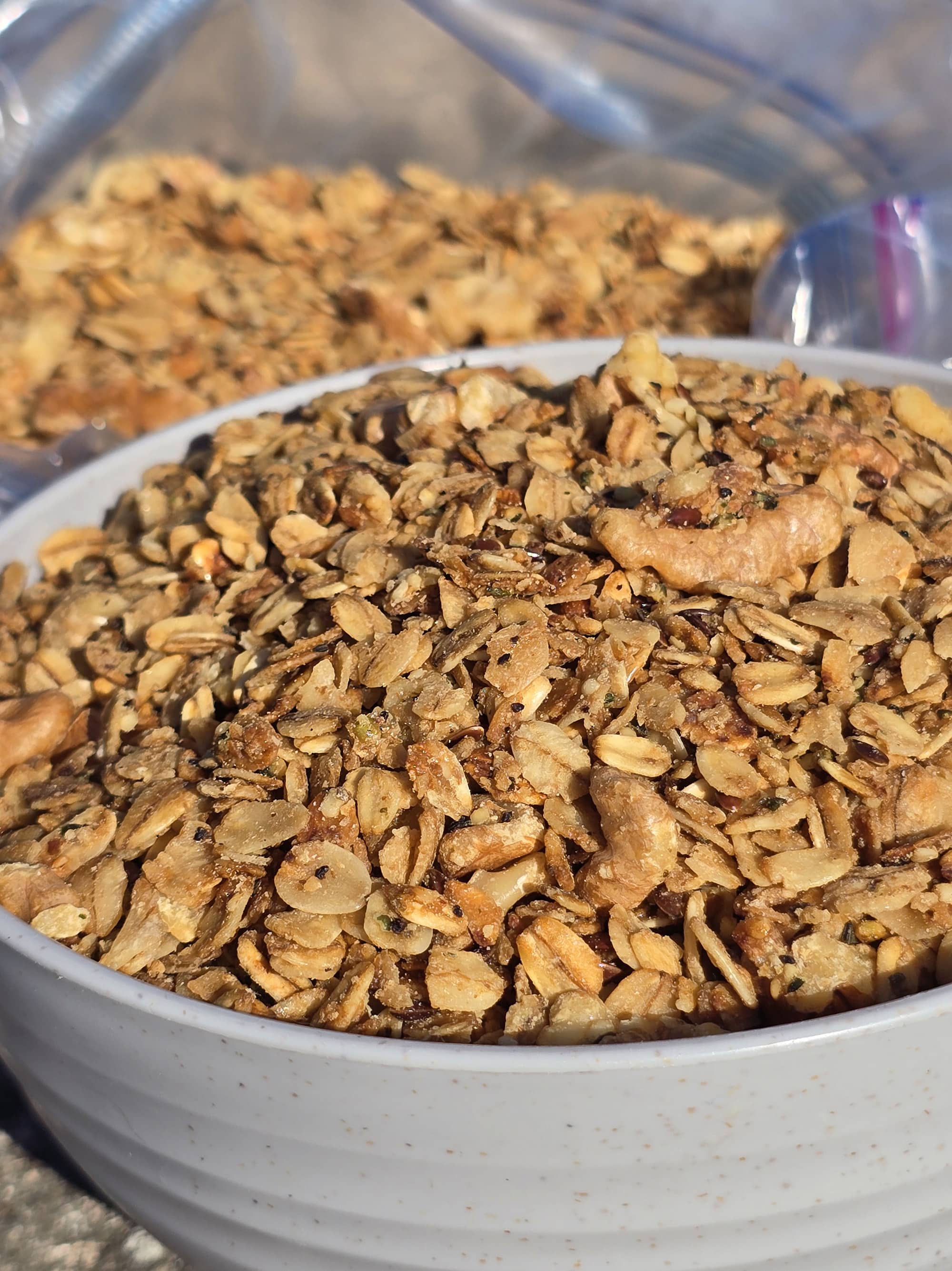 A bowl of homemade maple walnut granola.