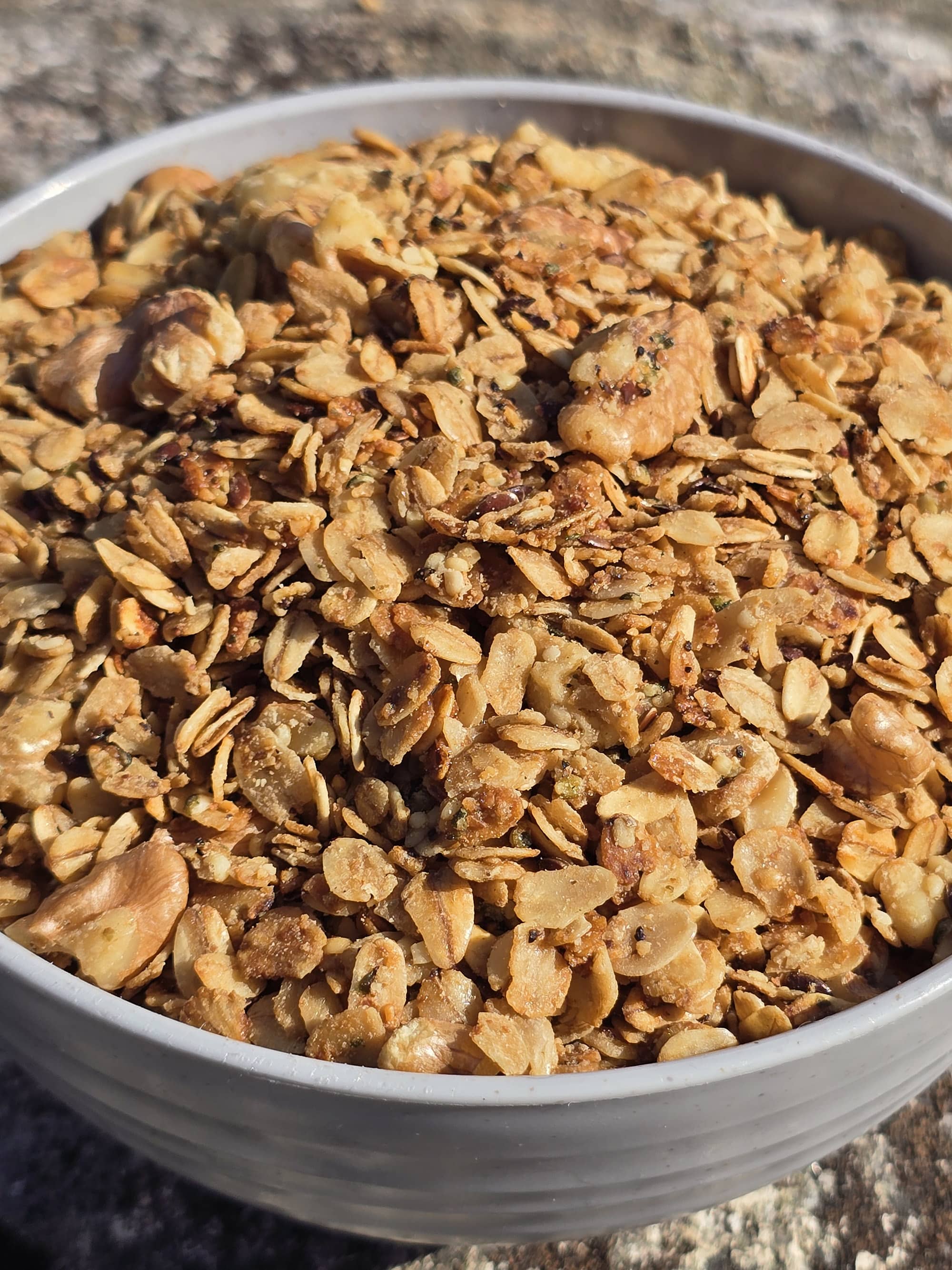 A bowl of skillet maple walnut granola.