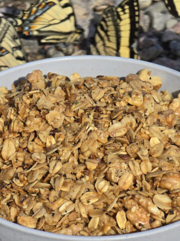 A bowl of skillet maple walnut granola.