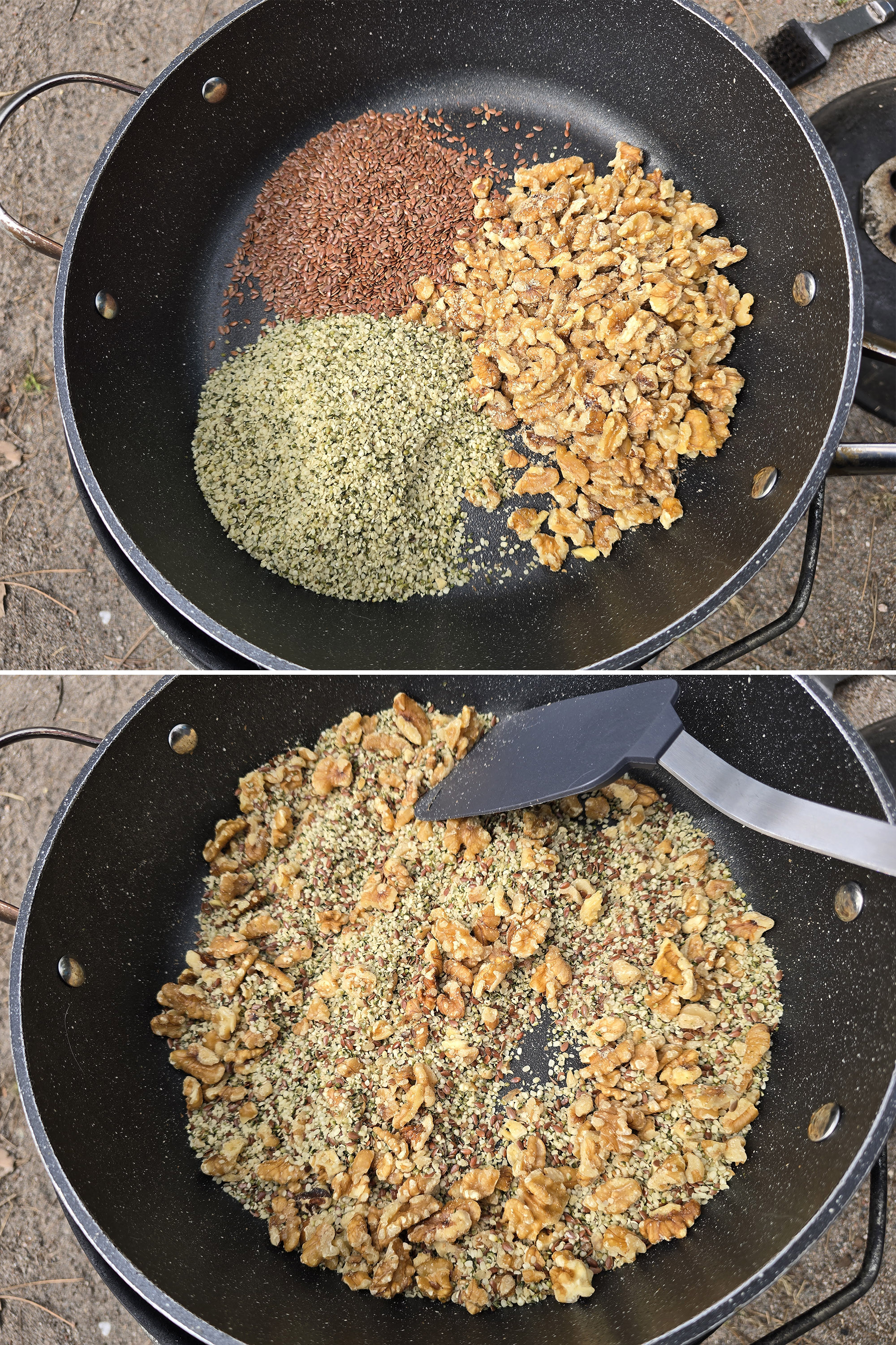 2 part image showing chopped walnuts, flax seeds, and hemp hearts being mixed in a large skillet and toasted.
