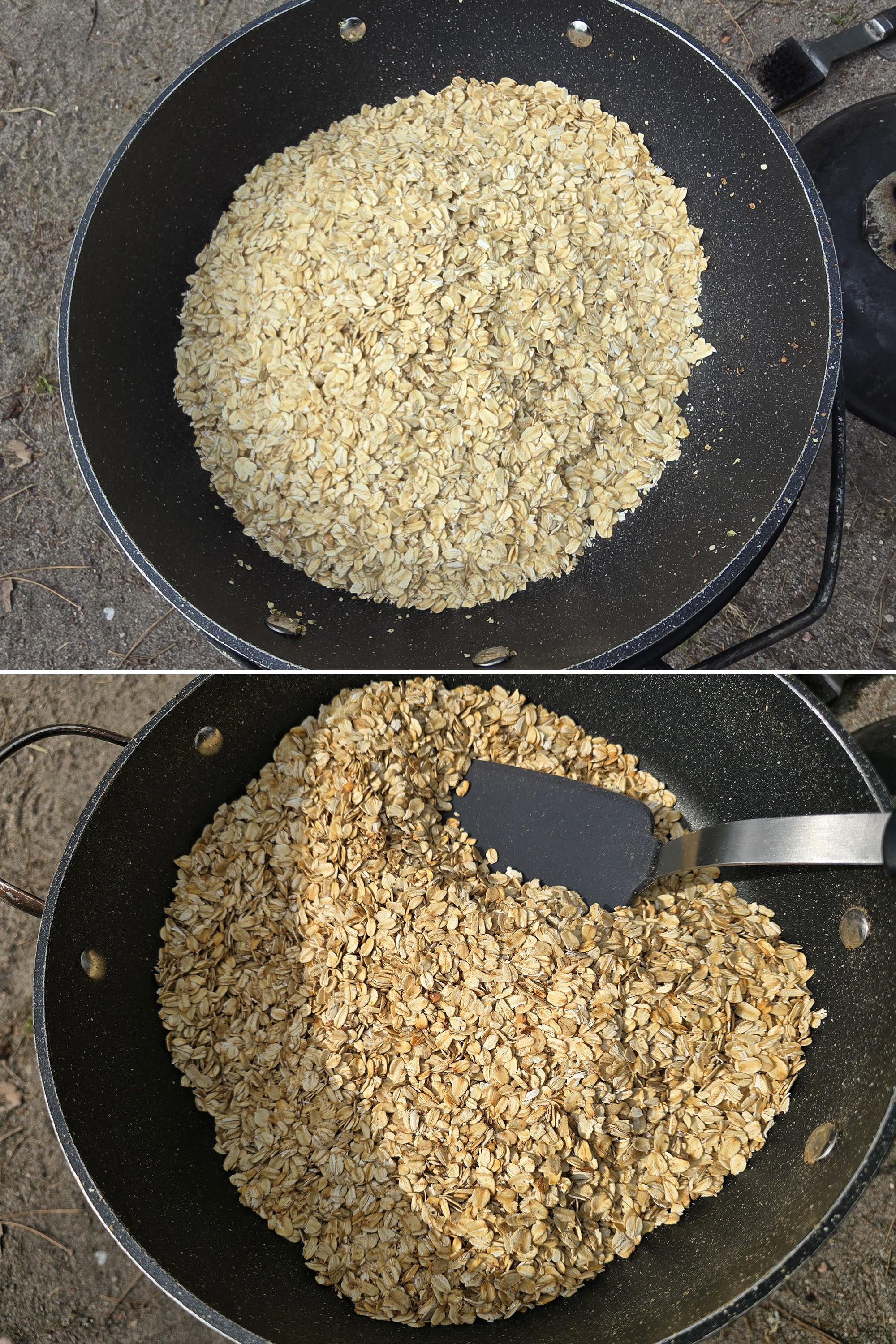 2 part image showing oats being toasted in a skillet.