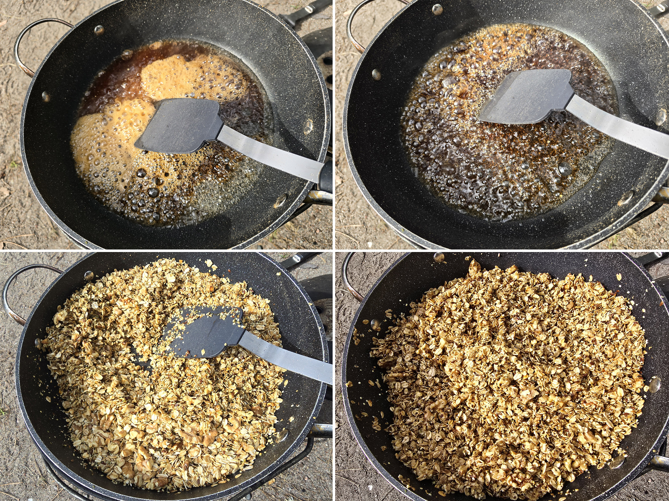 4 part image shows maple syrup simmering in the pan, then the remaining ingredients stirred in.