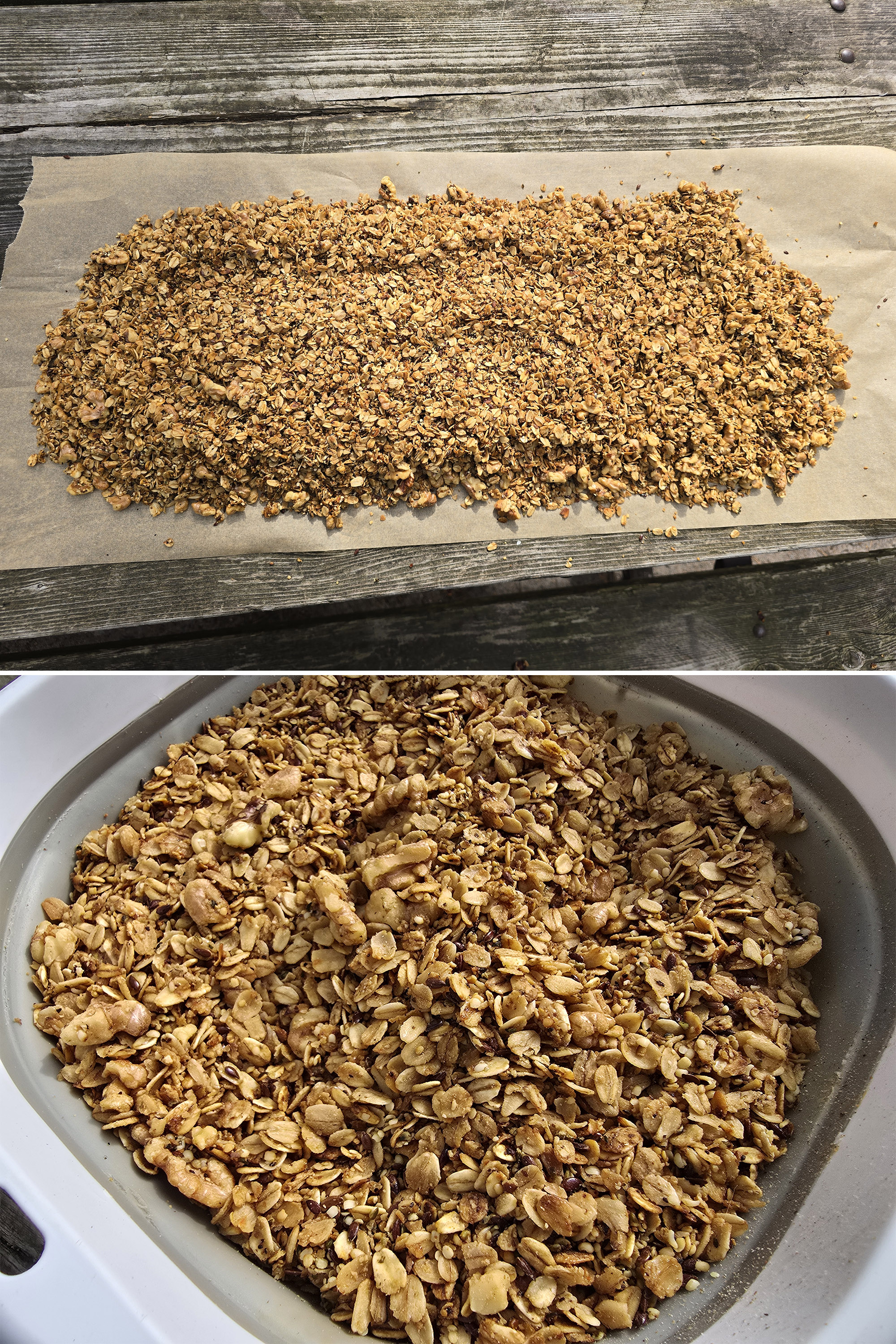 2 part image showing the fresh maple walnut granola spread on parchment paper to dry, then in a bowl.
