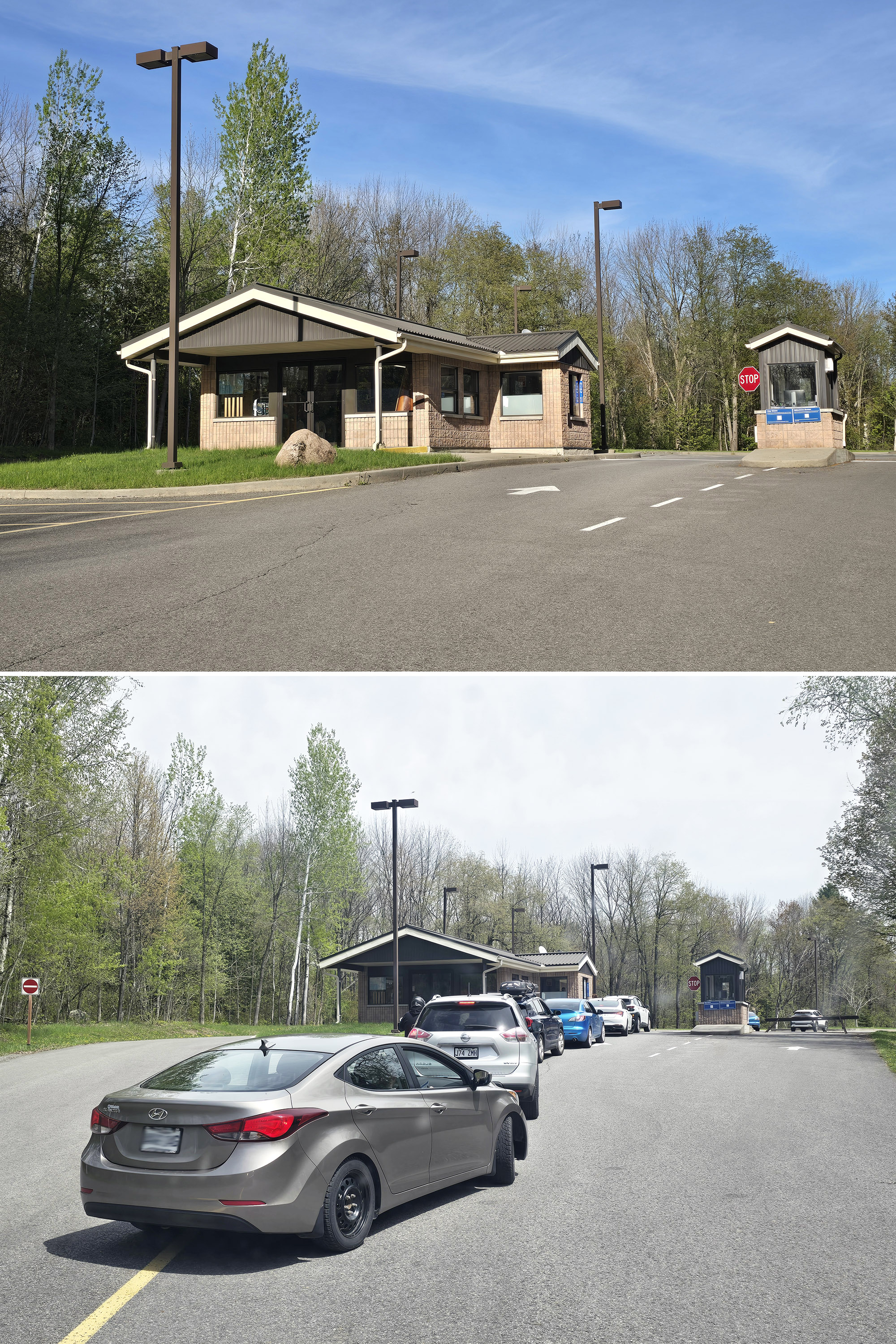 2 part image showing the gate house and a long line of cars.