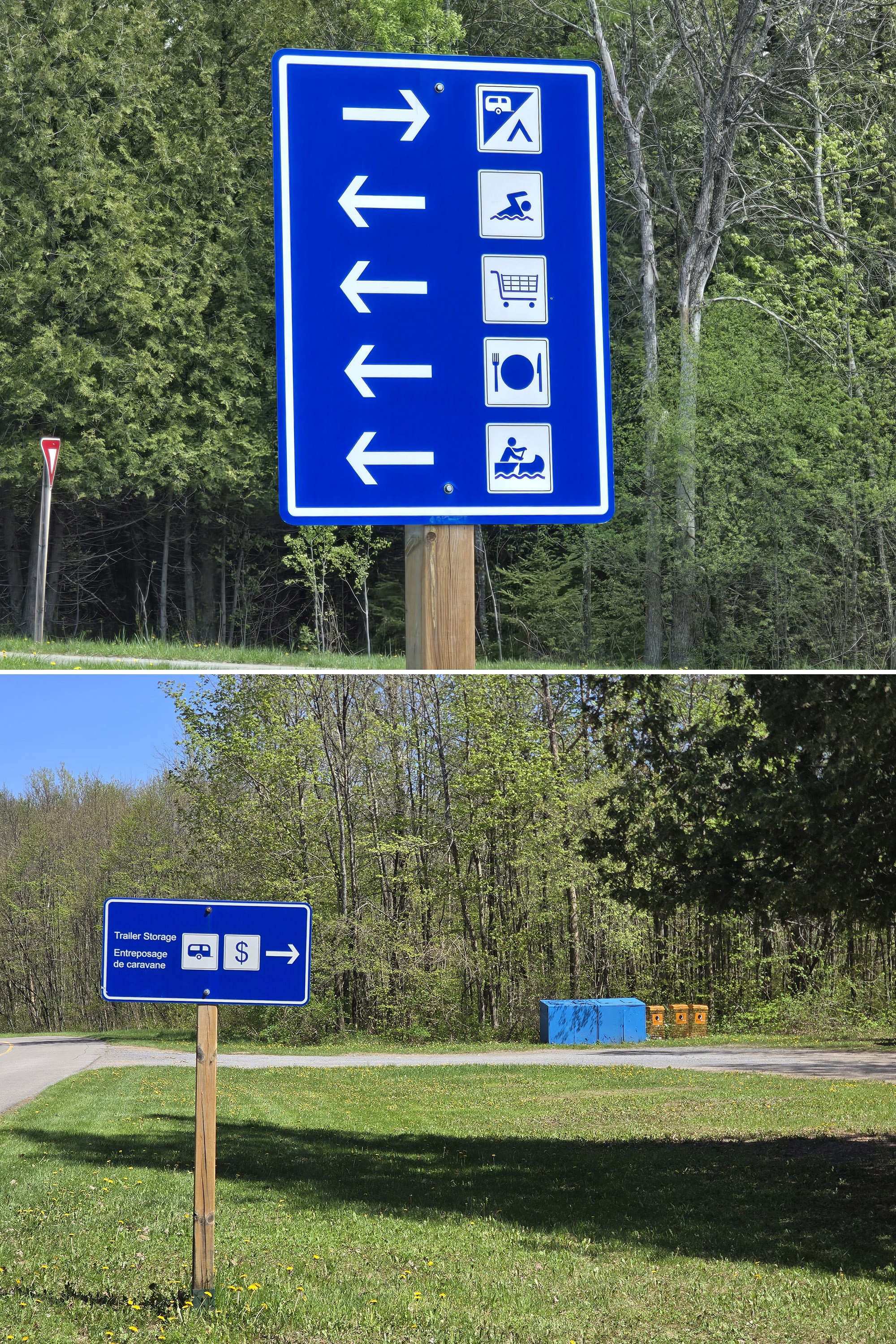 2 part image showing directional road signage, and a garbage area marked as being trailer storage.