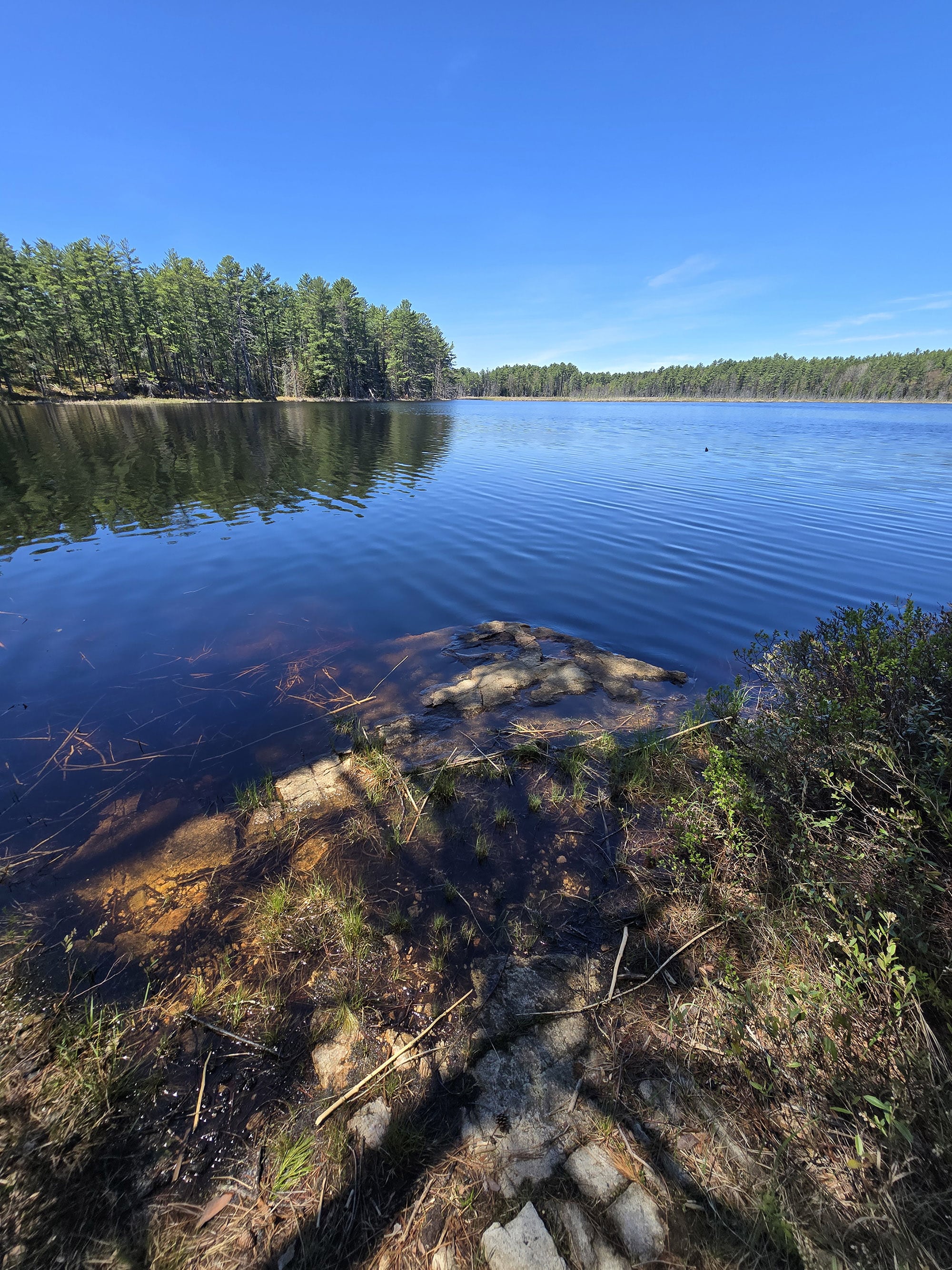 A rocky shoreline on Grand Lake.