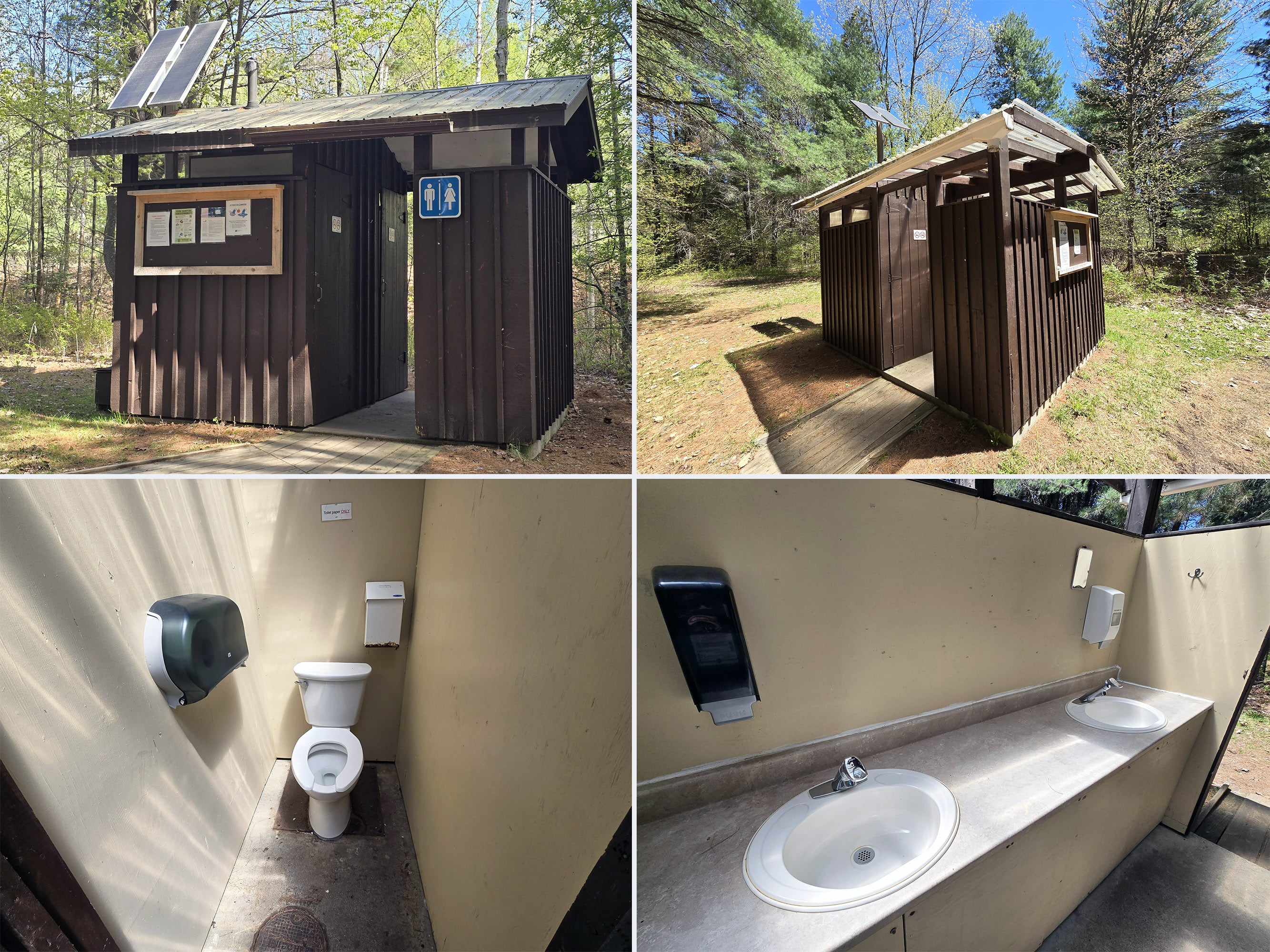 4 part image showing outhouses in the Achray Campground of Algonquin Provincial Park.
