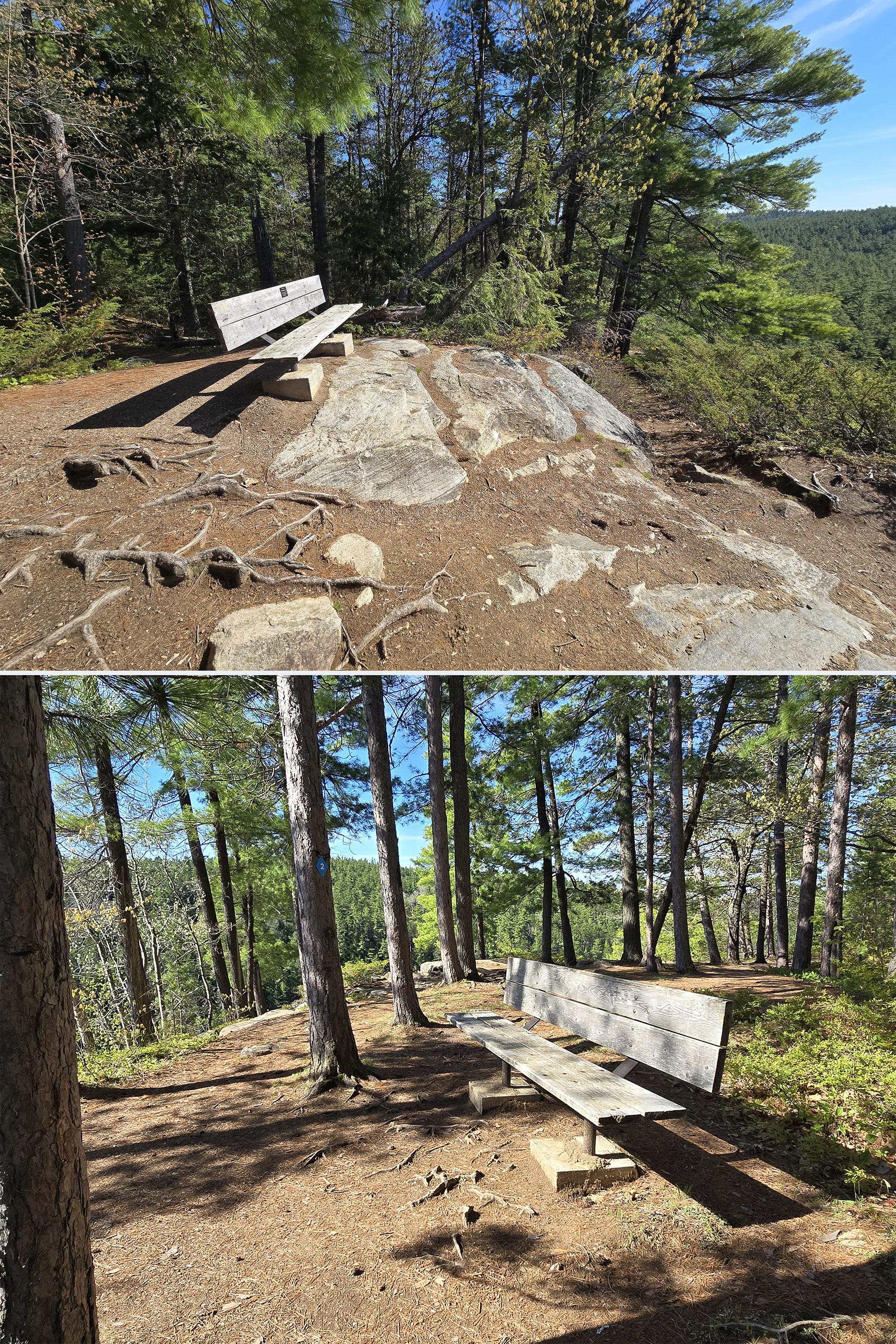 2 part image showing benches along the barron canyon trail.