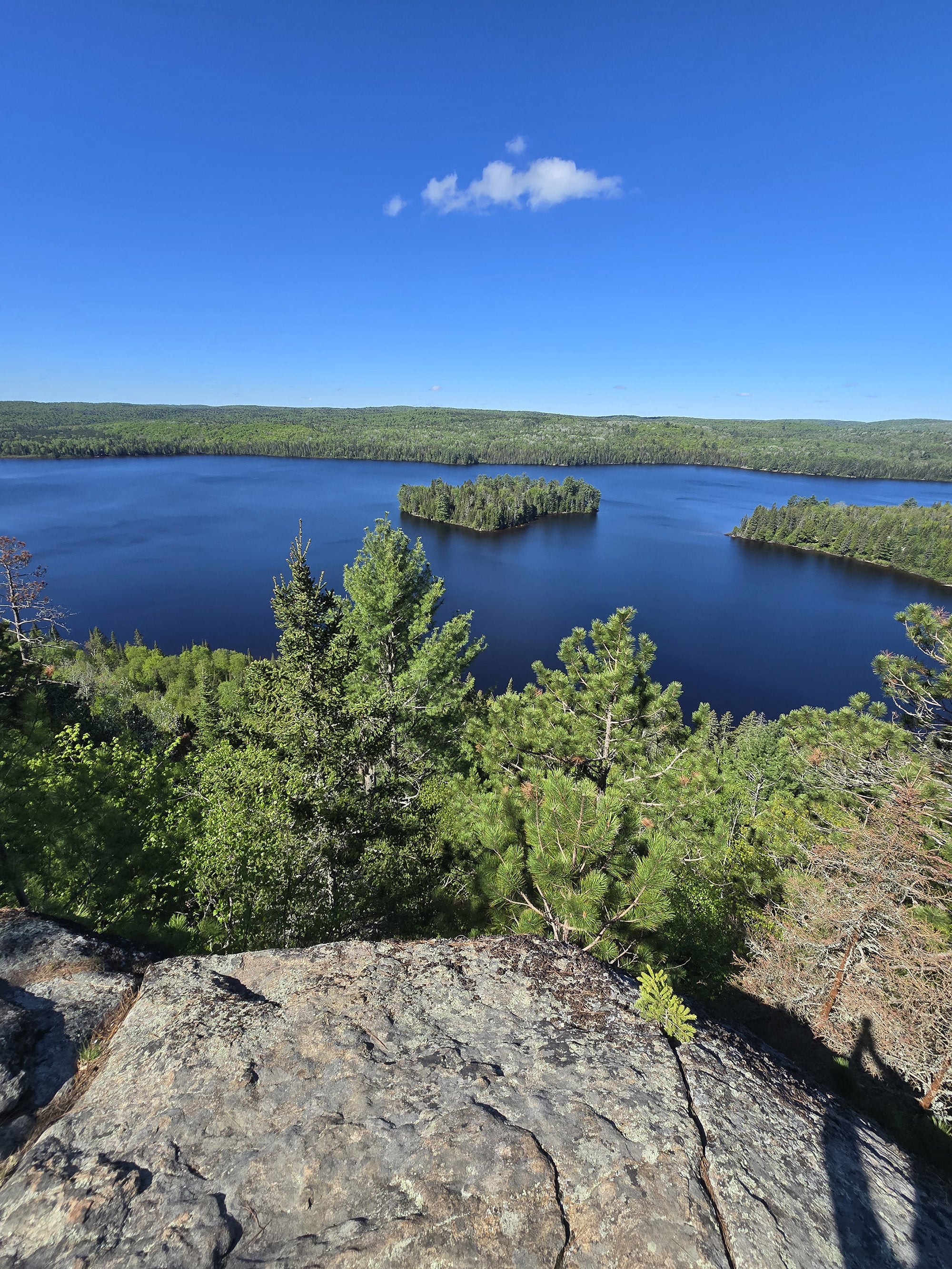 A view over a lake with a small island on a sunny day.