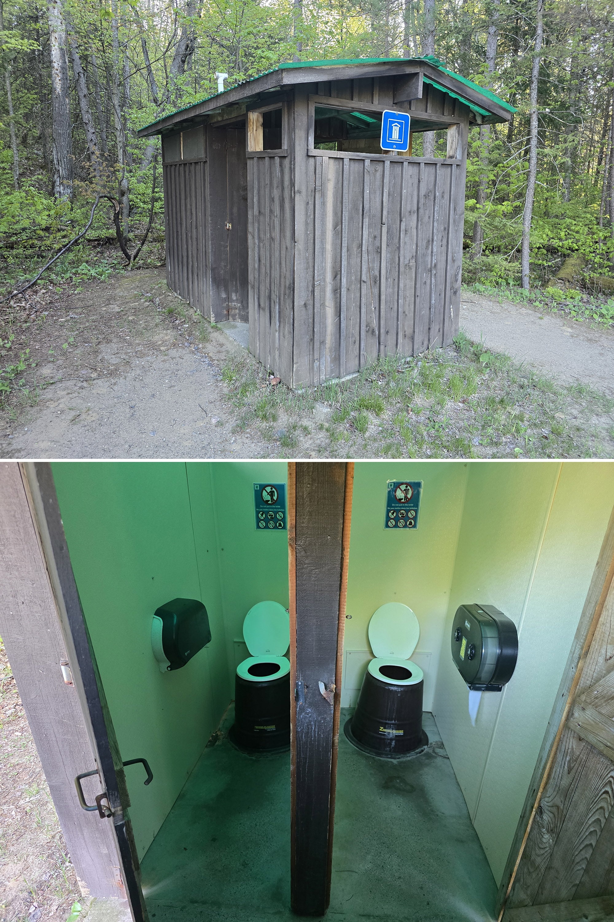 2 part image showing the inside and outside of an outhouse.