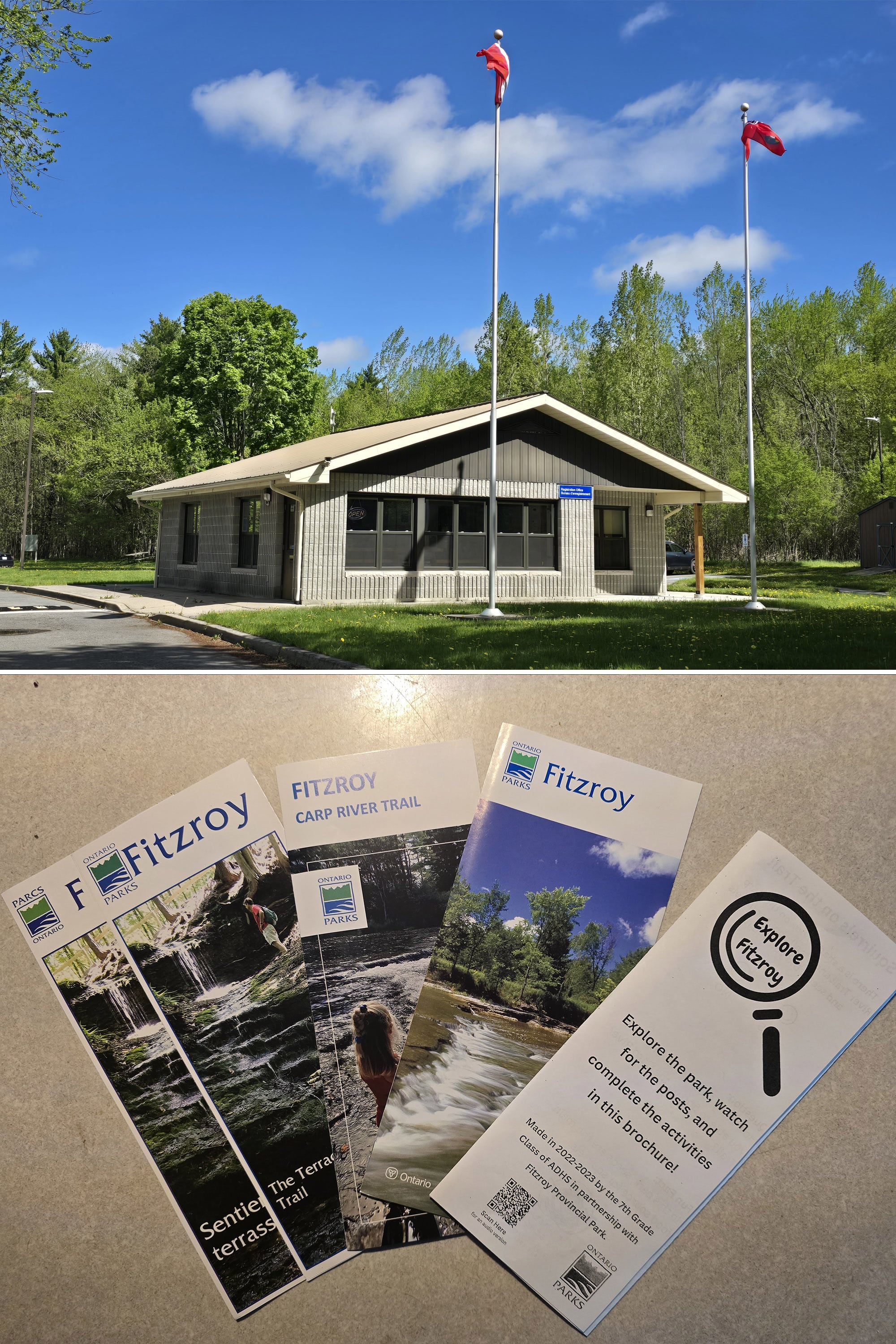2 part image showing the park office and a spread of brochures.