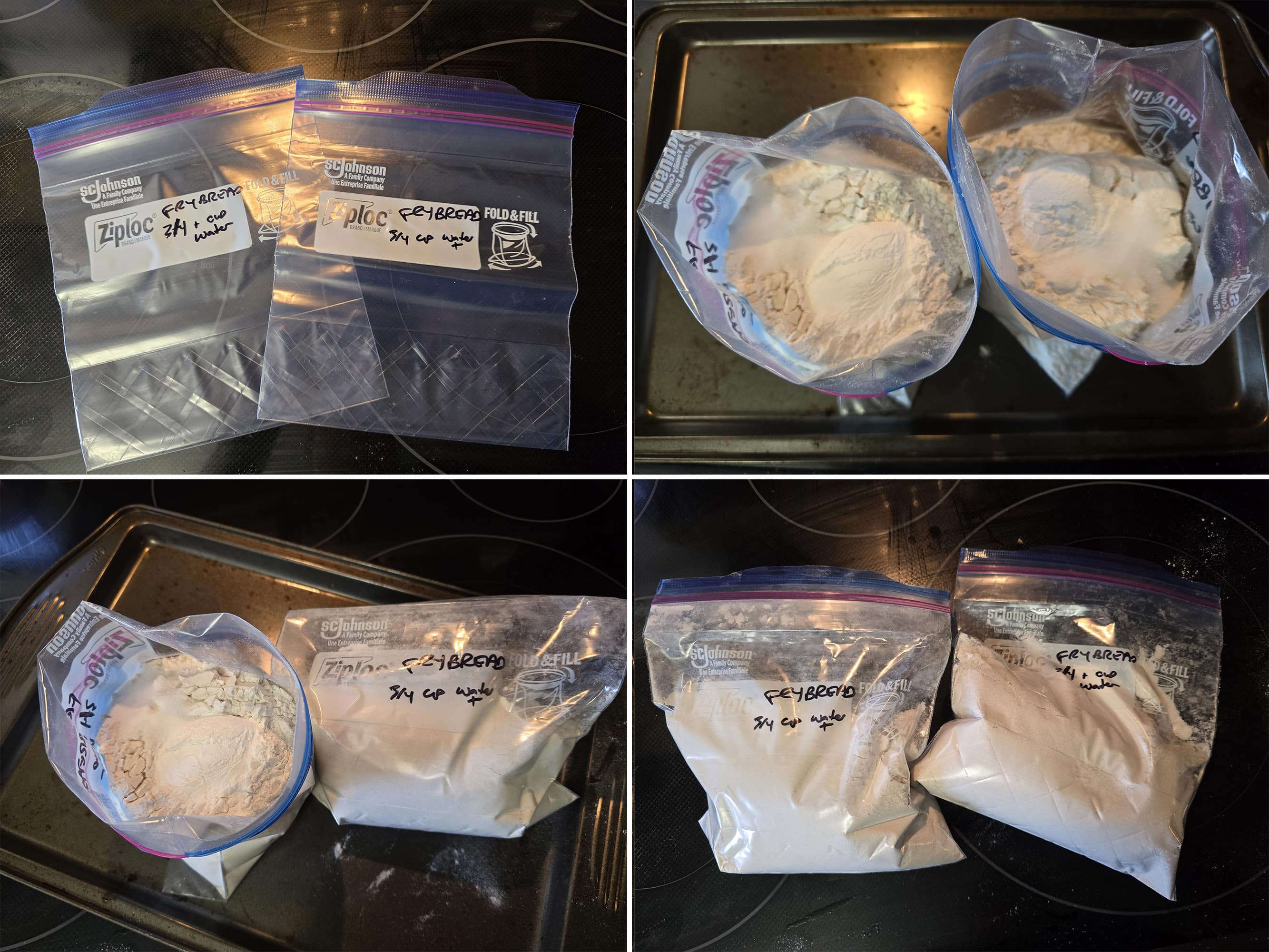 4 part image showing the dry ingredients being measured into freezer baggies and labelled.