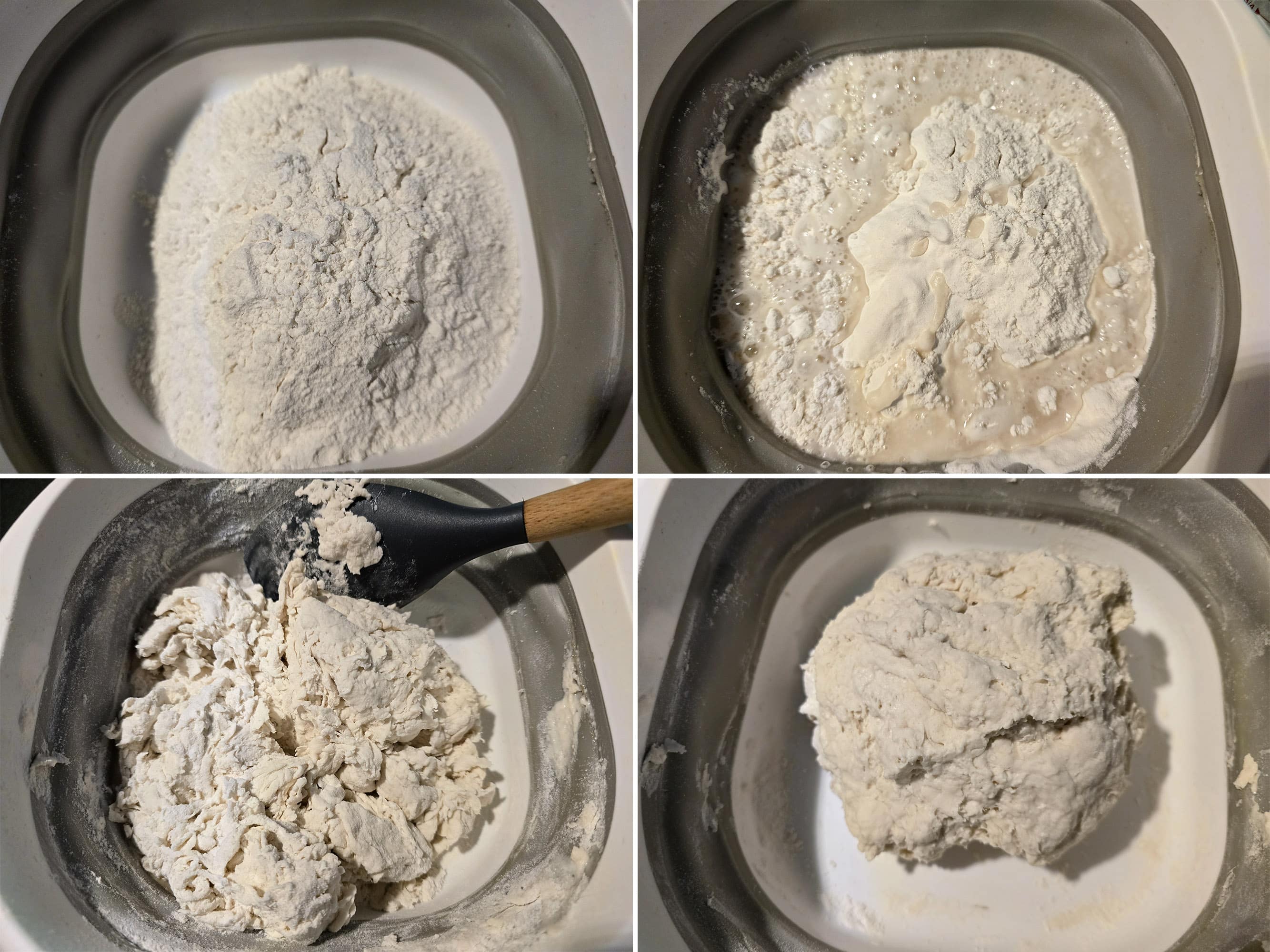 4 part image showing warm water being added to frybread mix, then stirred and kneaded to form a soft dough.
