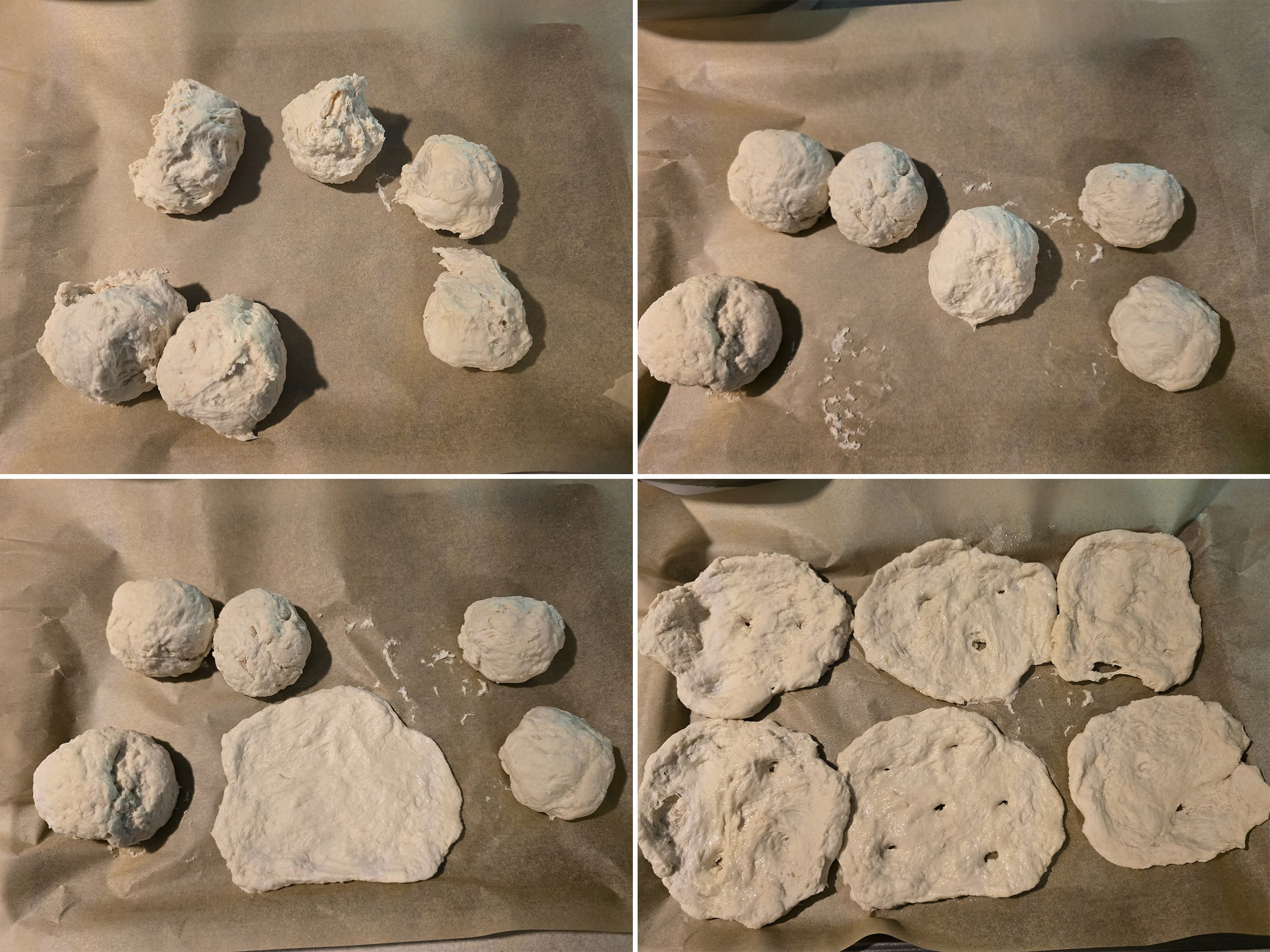 4 part image showing fry bread dough being divided into 6 pieces, rolled into balls, and stretched into thin rounds.