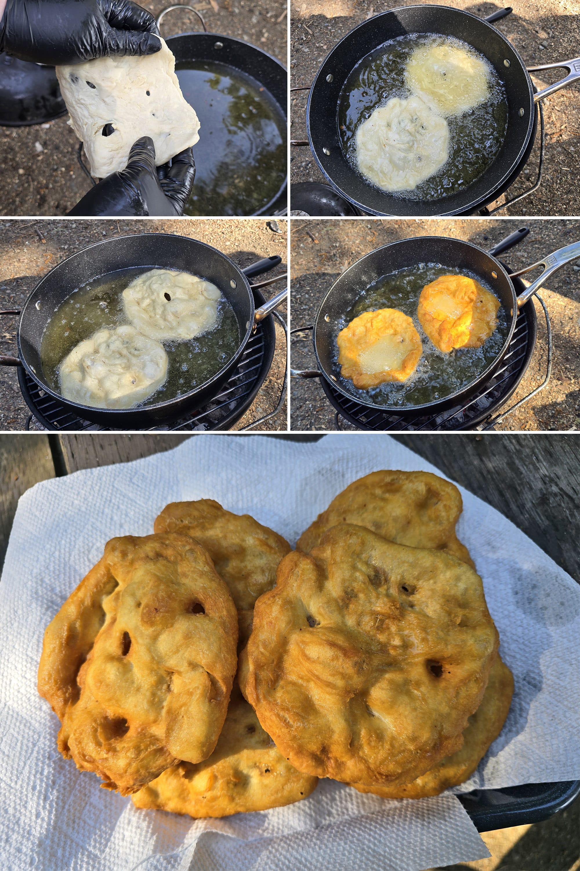 5 part image showing frybread dough being stretched and fried, then placed on paper towels.