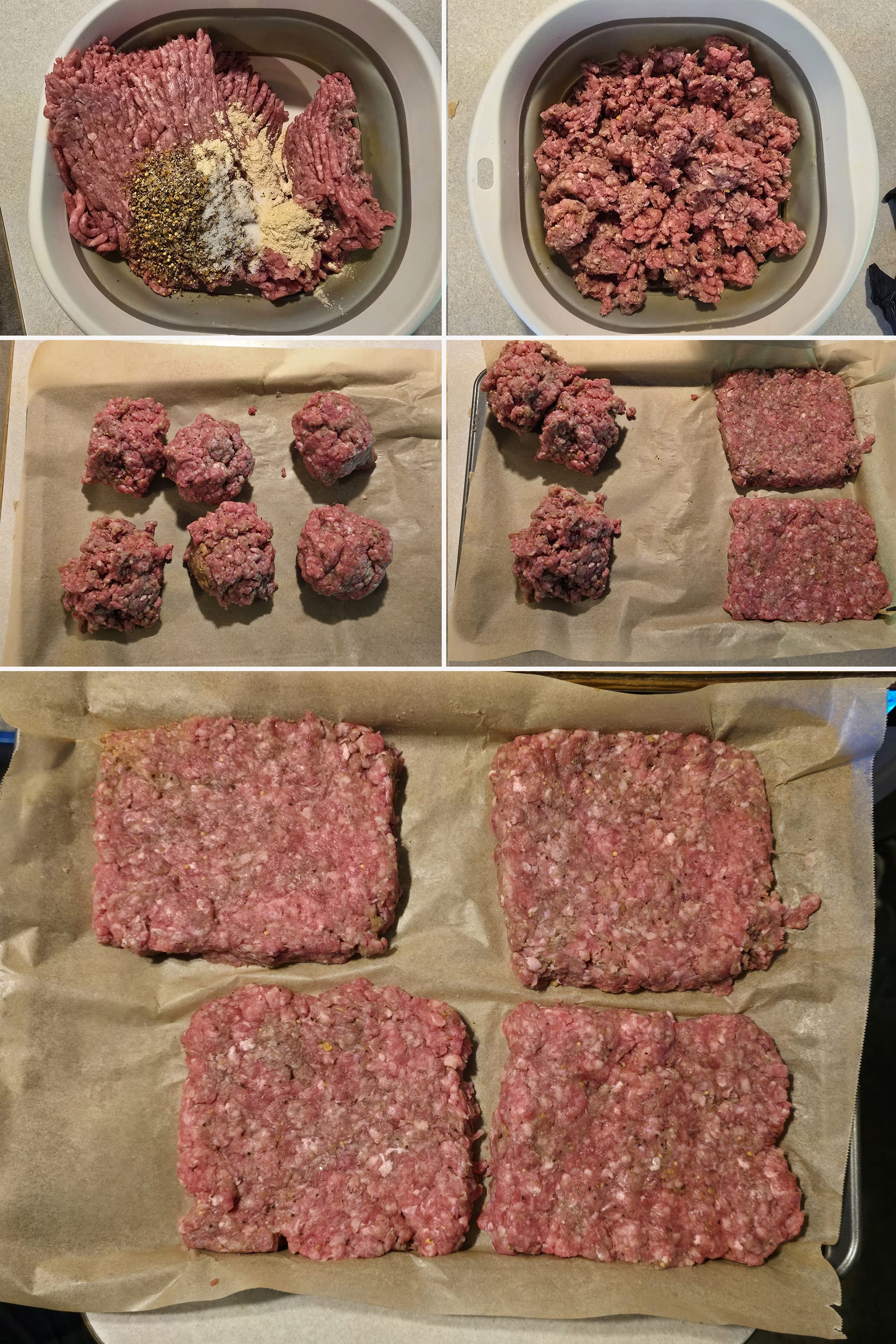 5 part image showing the meat being mixed with spices and formed into 6 patties.