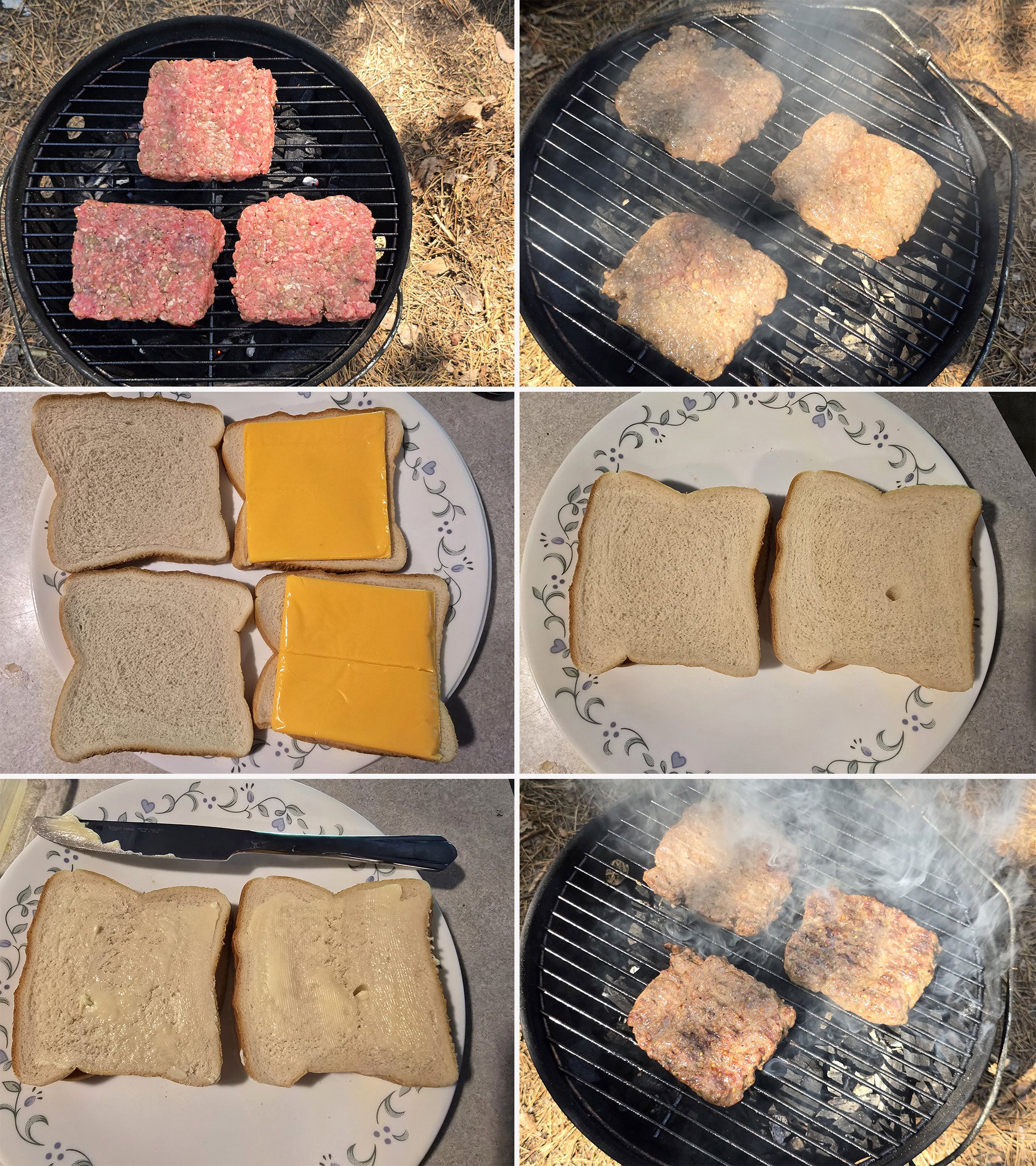 6 part image showing burger patties being grilled and cheese sandwiches being put together.