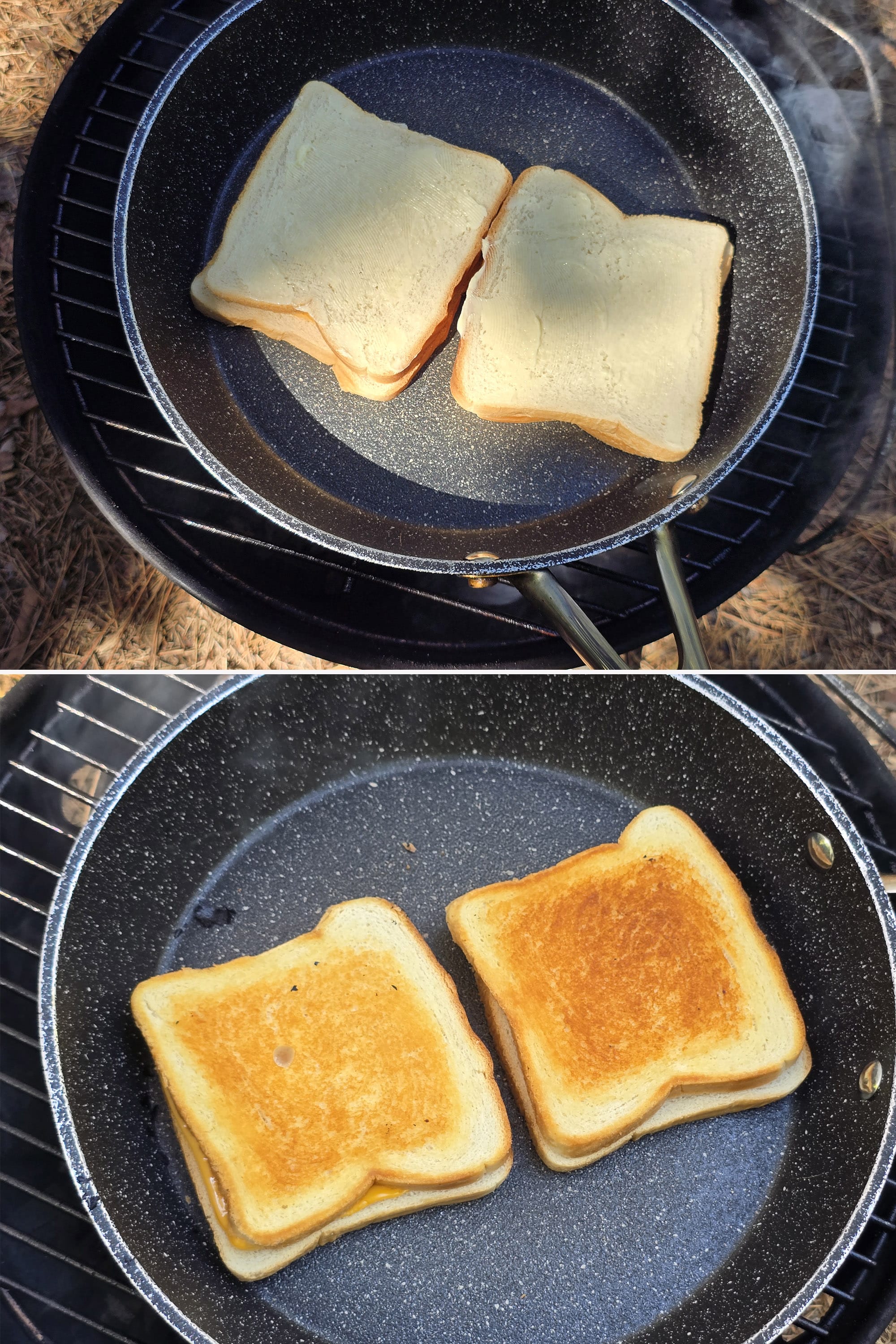 2 part image showing 2 grilled cheese sandwiches being cooked in a pan over a grill.