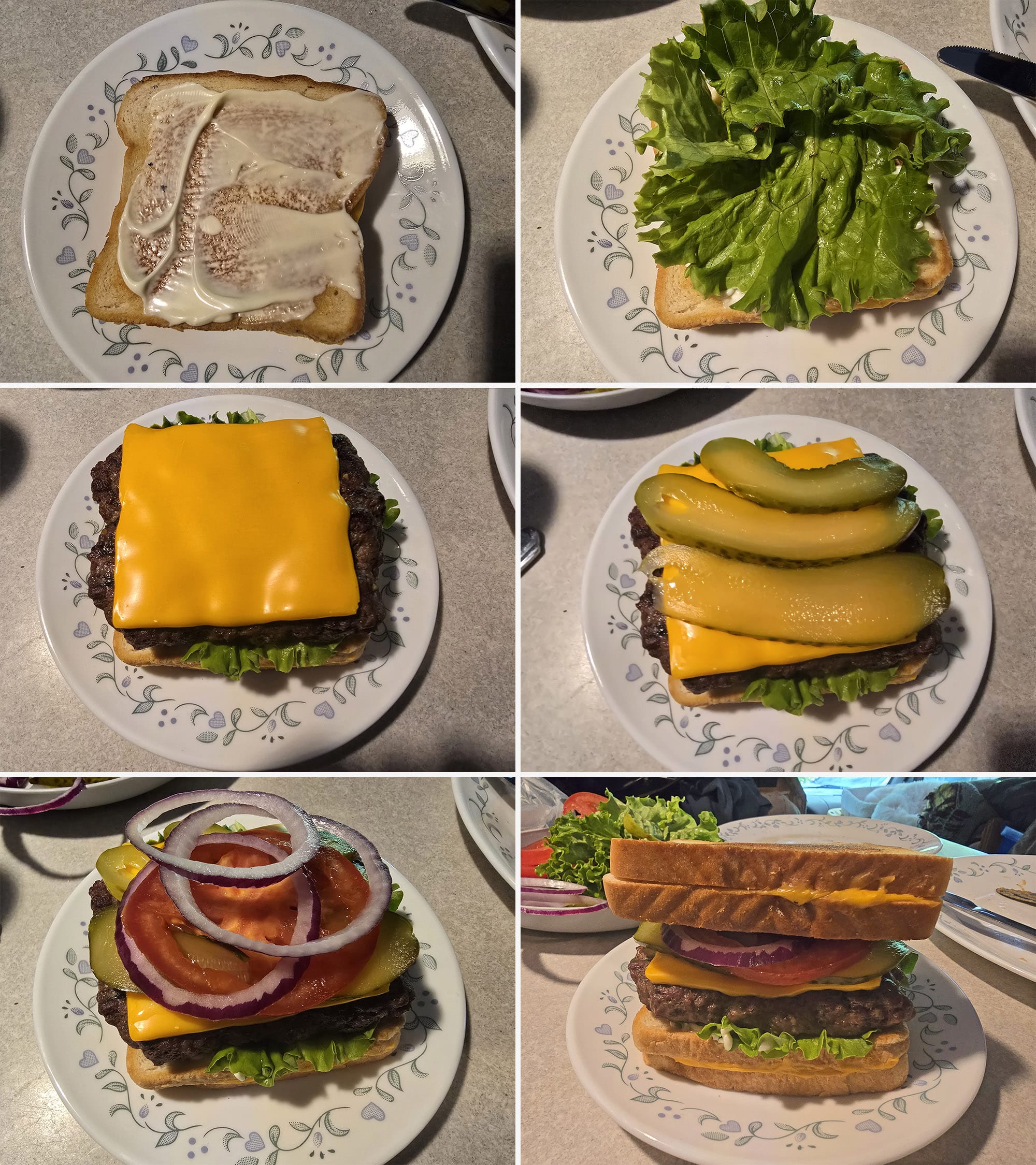 6 part image showing a grilled cheese sandwich being brushed with mayo, topped with a cheeseburger, burger toppings, and a second grilled cheese.