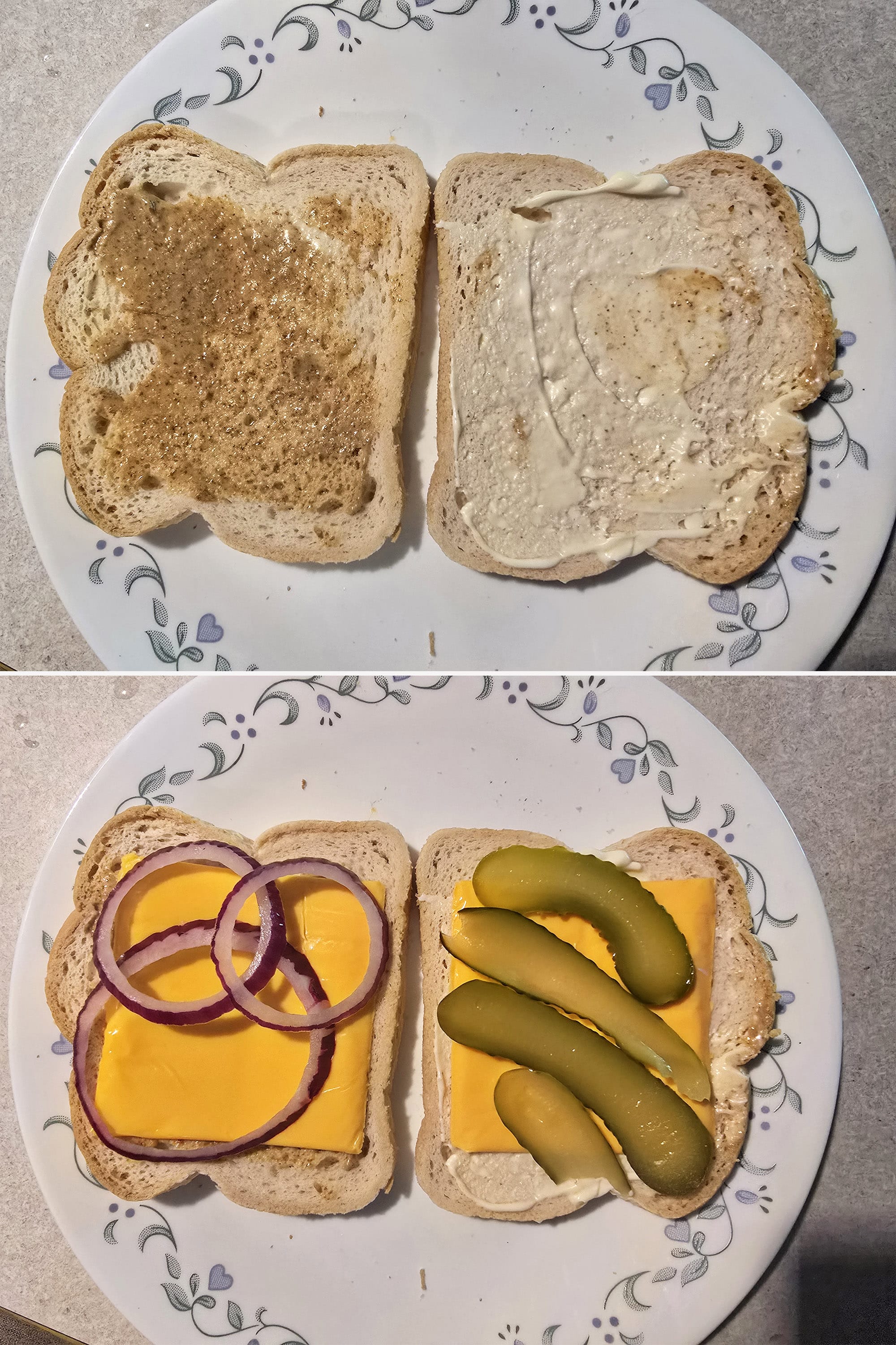 2 part image showing bread being fixed with mayo, mustard, cheese, and pickles.