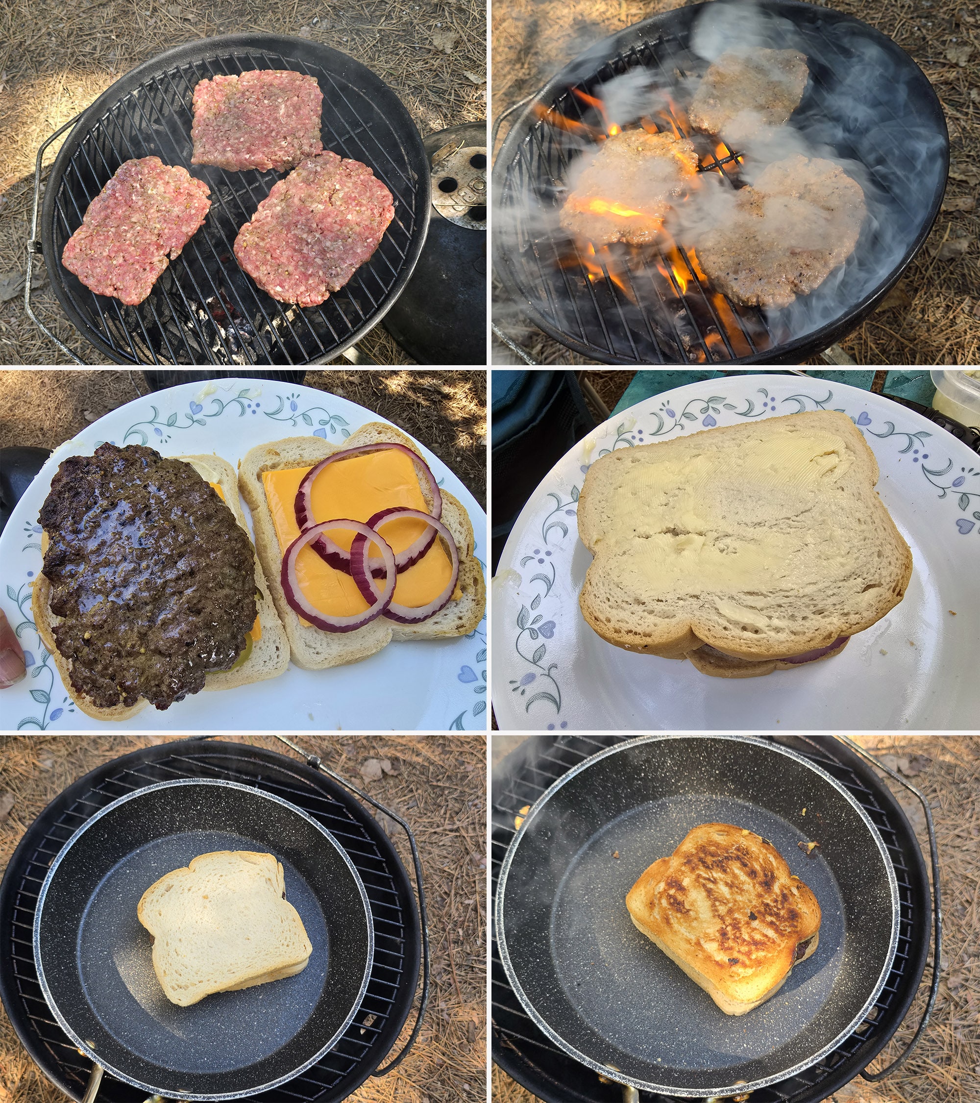 6 part image showing burgers being grilled, set in a sandwich with cheese, then grilled.