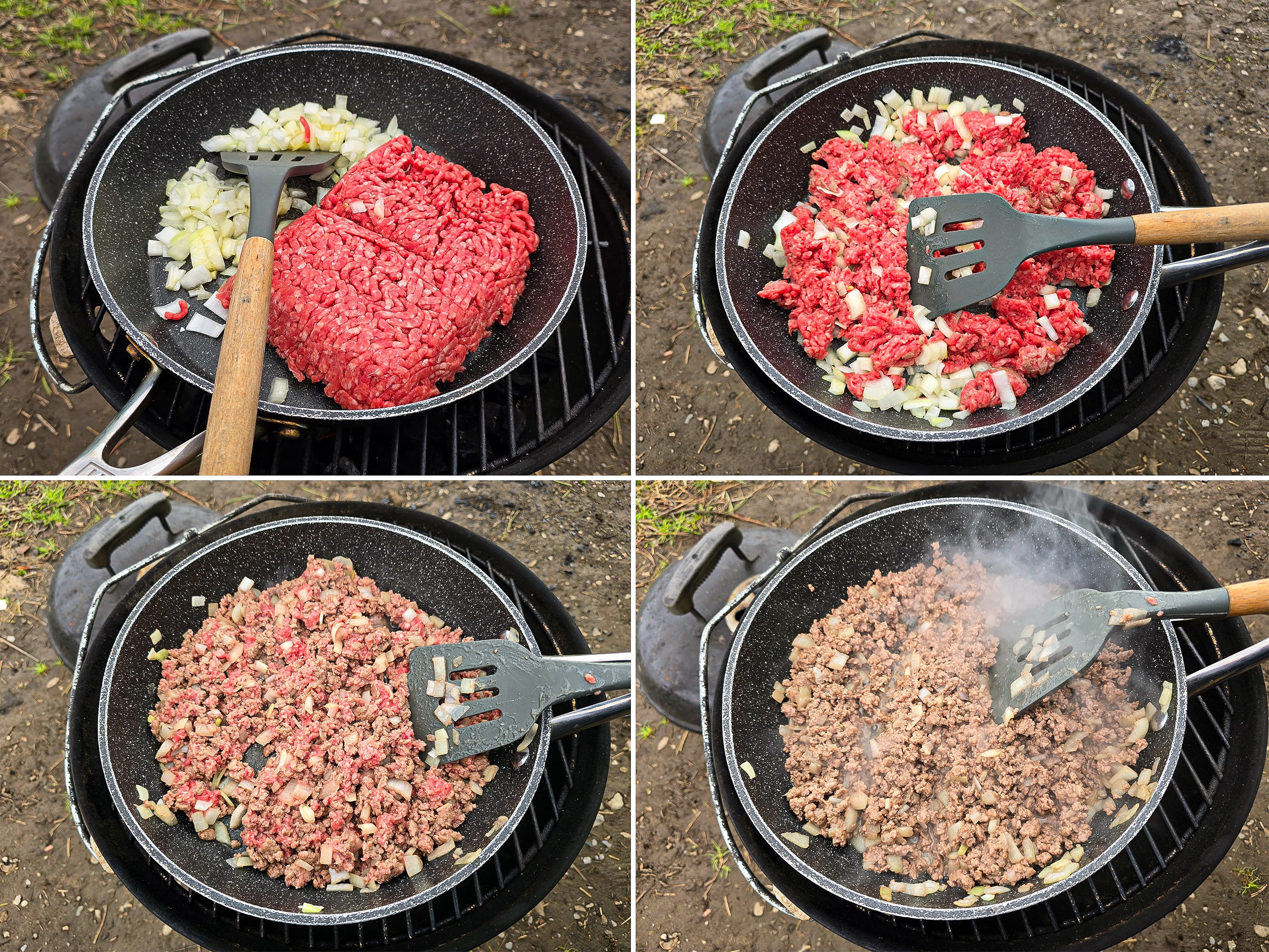 4 part image showing ground bison and onions being cooked together until the ground meat is browned and onion soft.