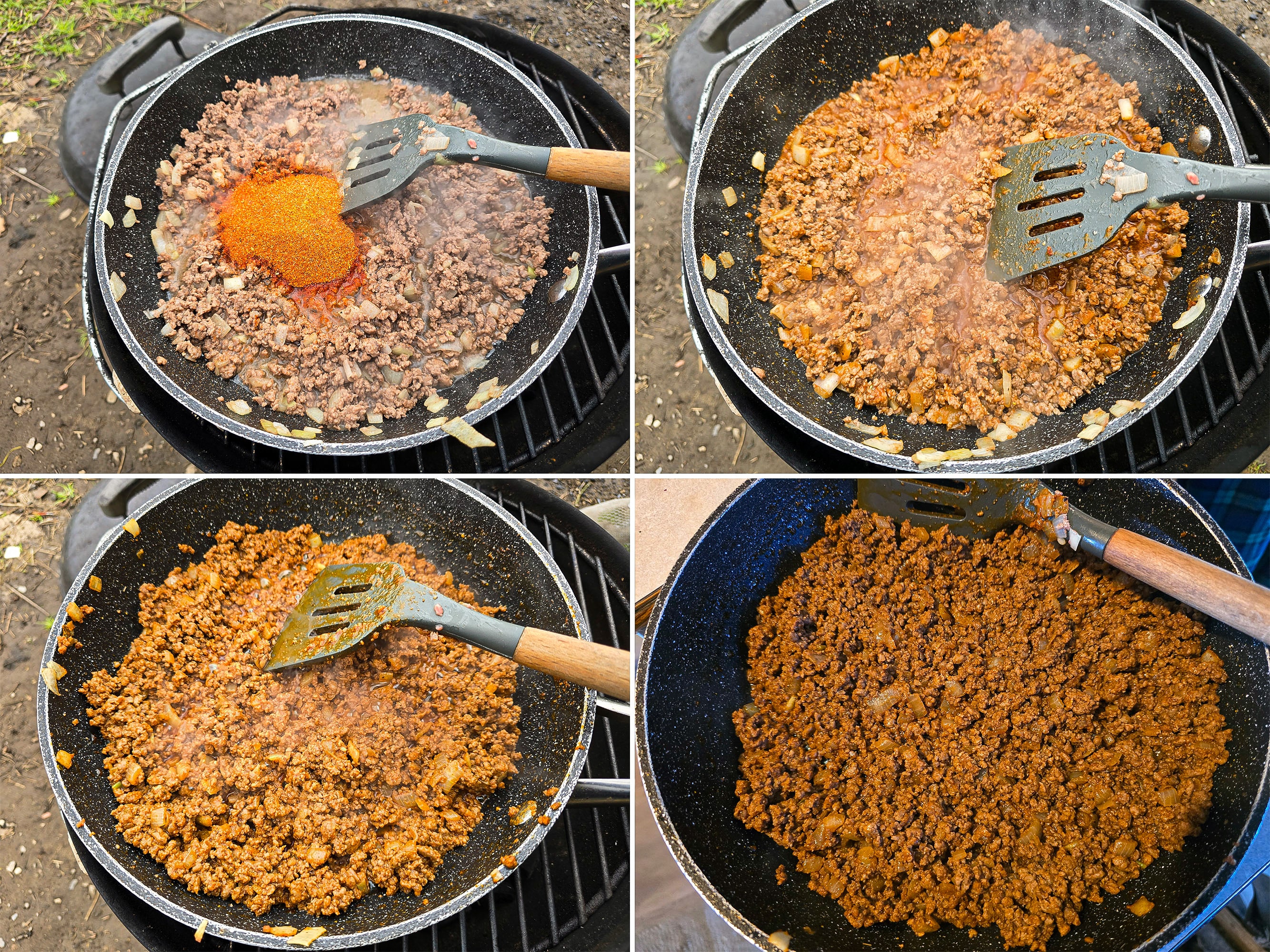 4 part image showing the taco seasoning and water being added to the pan of meat and onions, and cooked down.