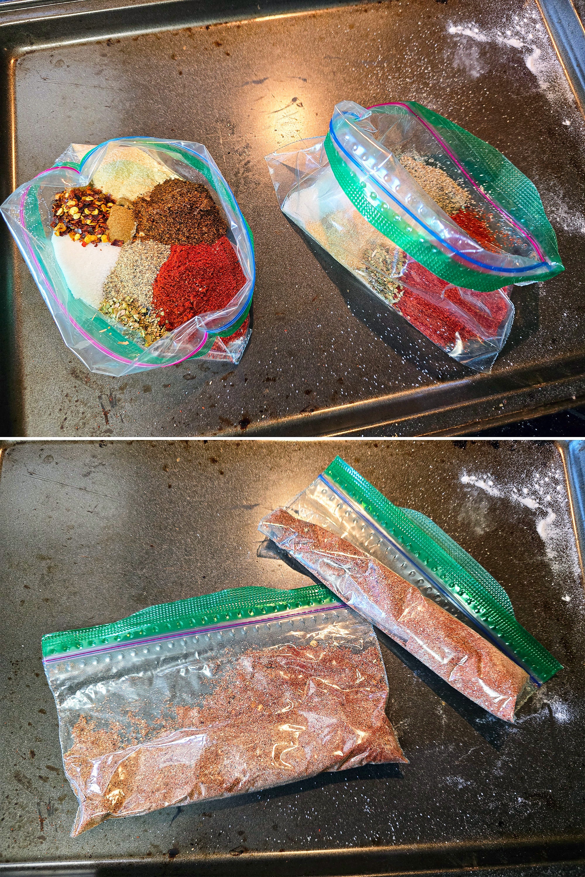2 part image showing homemade taco seasoning being mixed in plastic baggies.