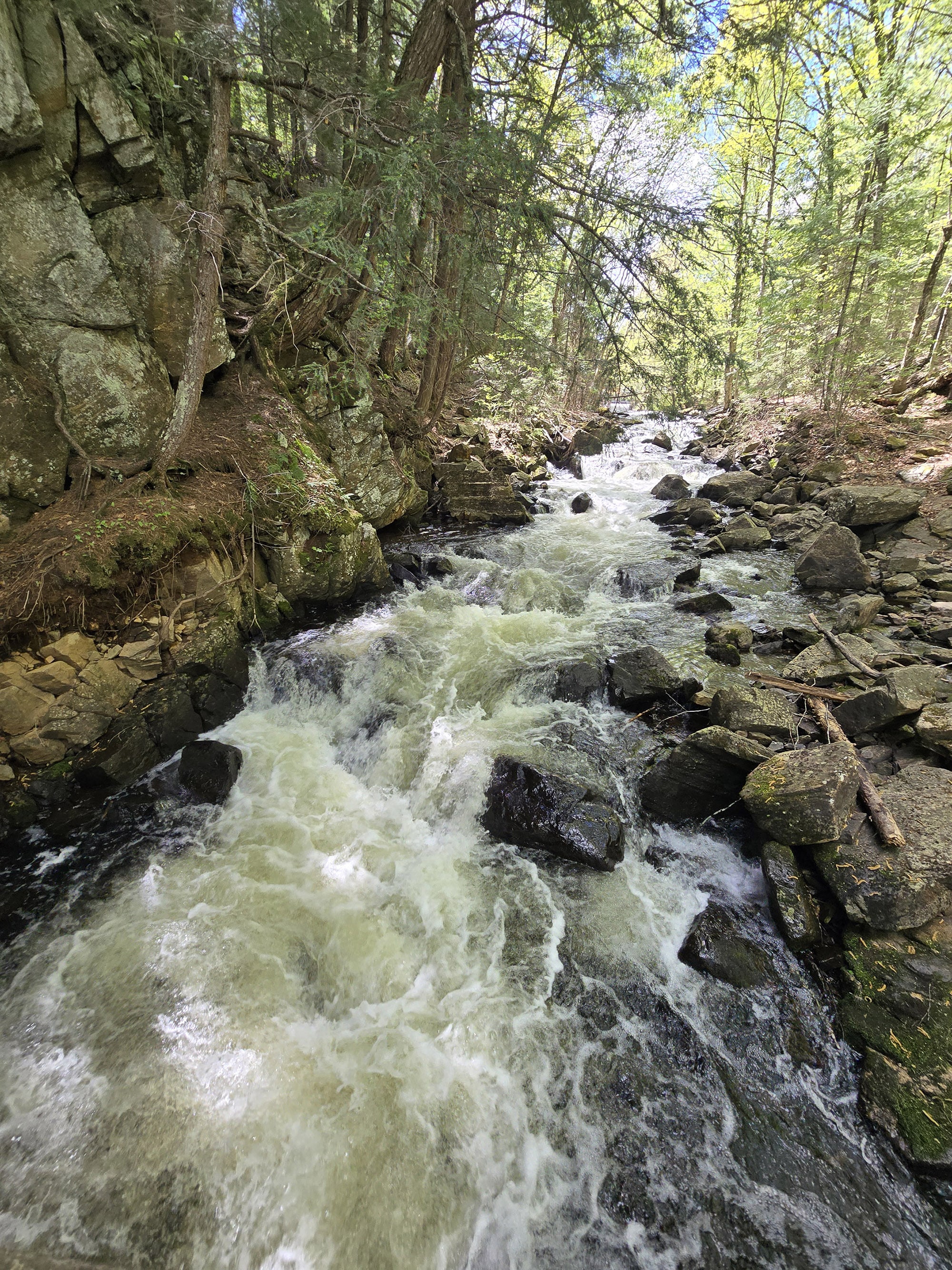 A view over a waterfall on the track and tower trail in Algonquin Provincial Park.