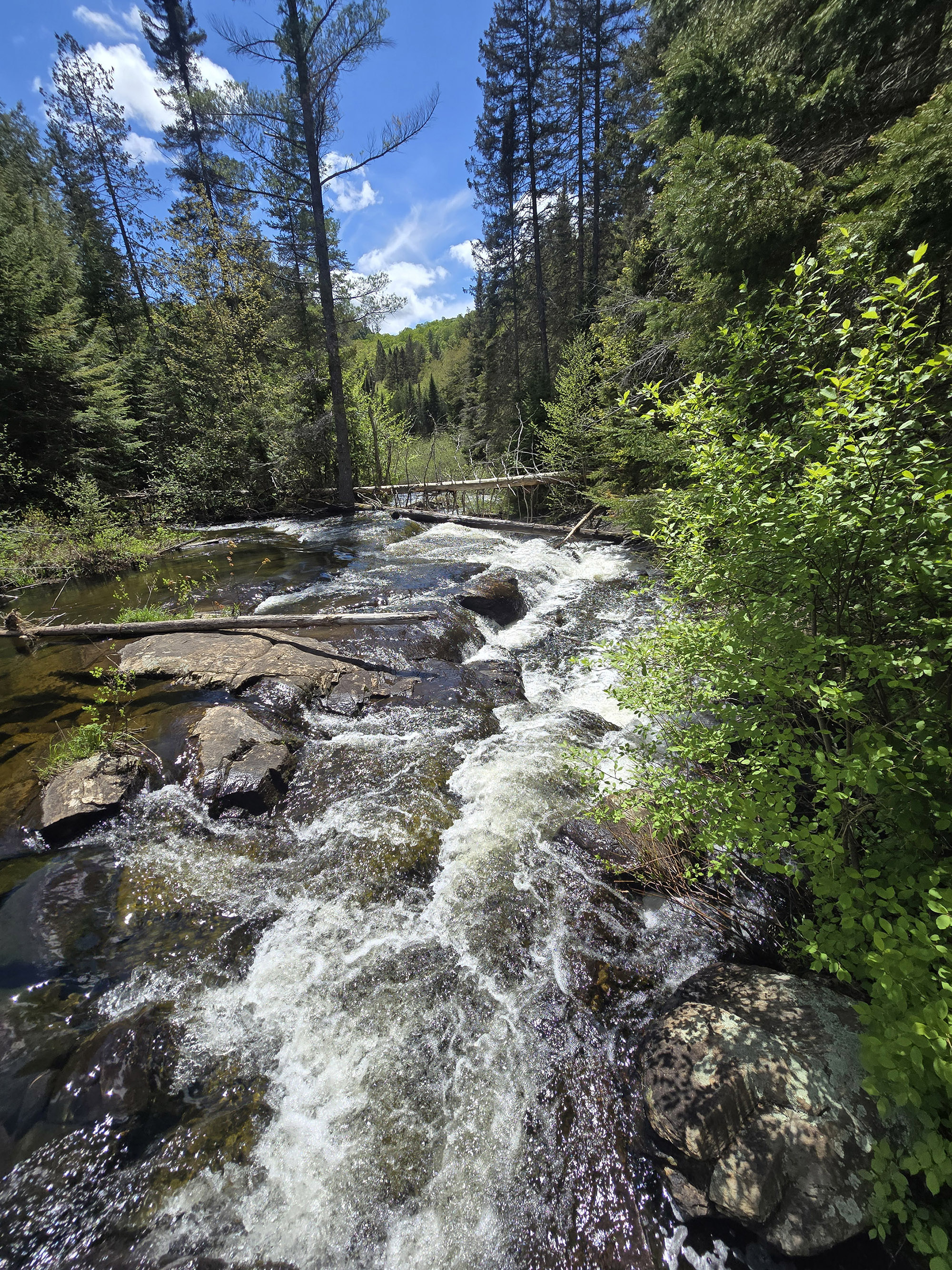 A view over a waterfall on the track and tower trail in Algonquin Provincial Park.