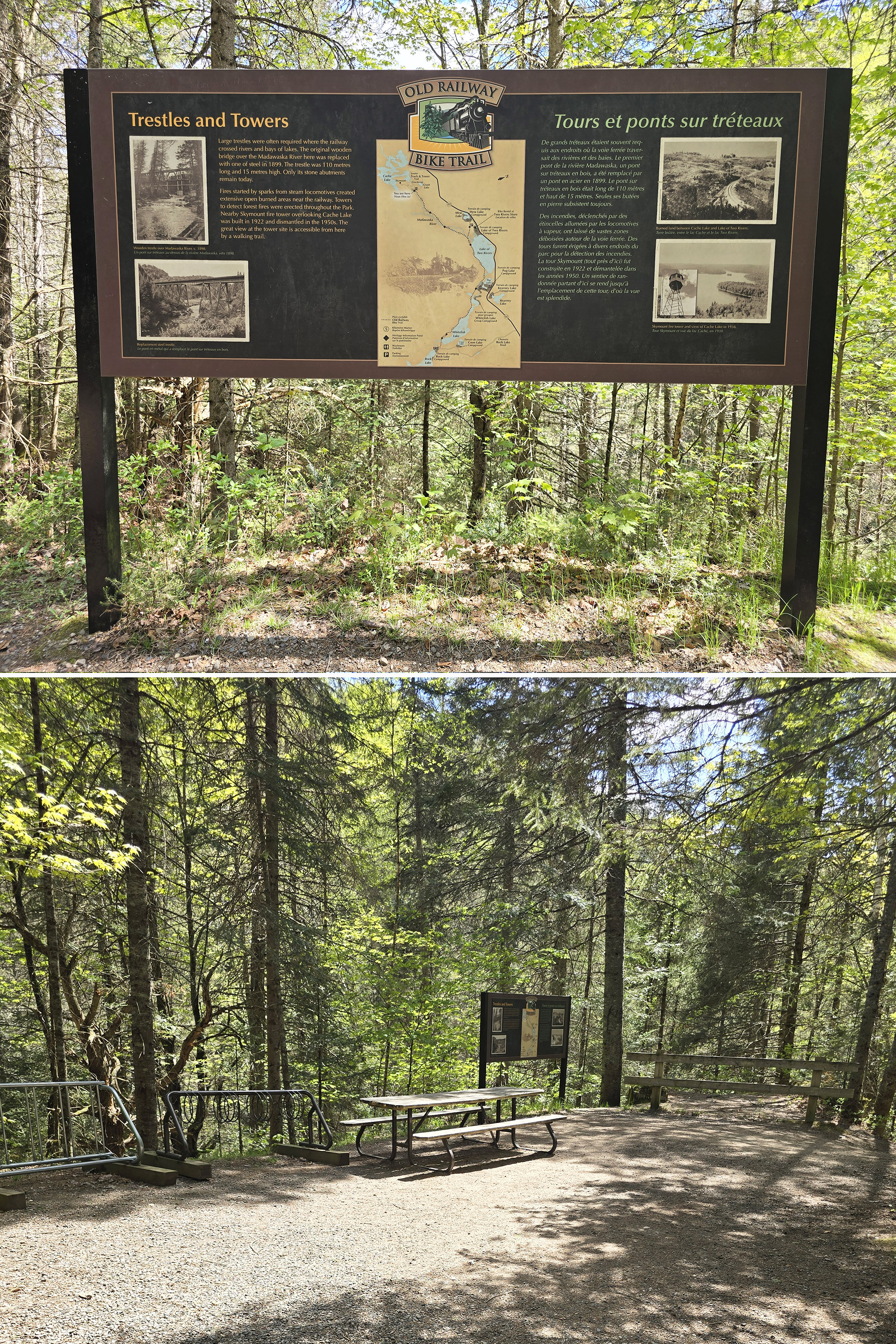 2 part image showing a sign about the old railway bike trail, and a trialhead bench and bike rack.