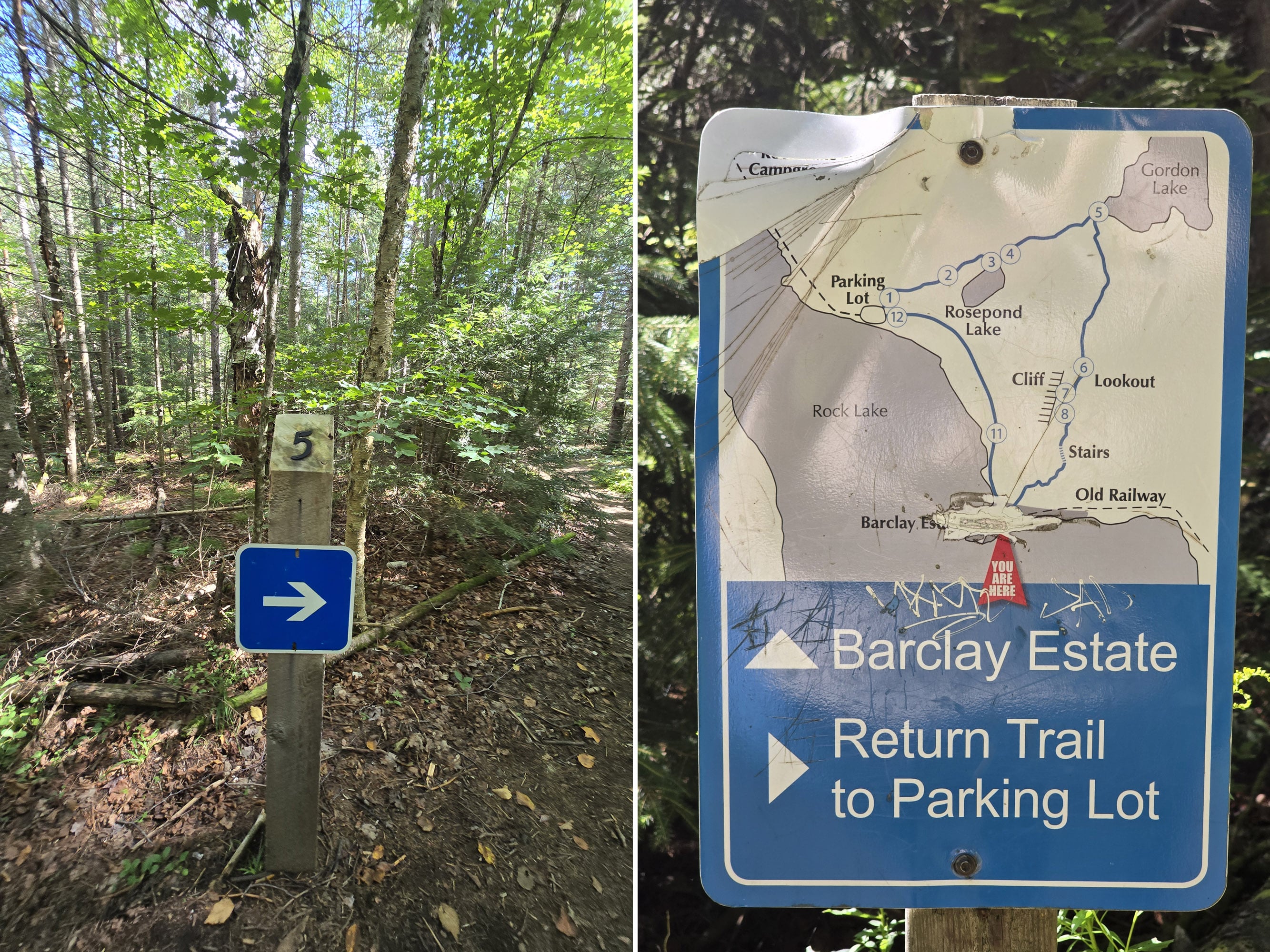 2 part image showing trail signage on Booth’s Rock Trail.