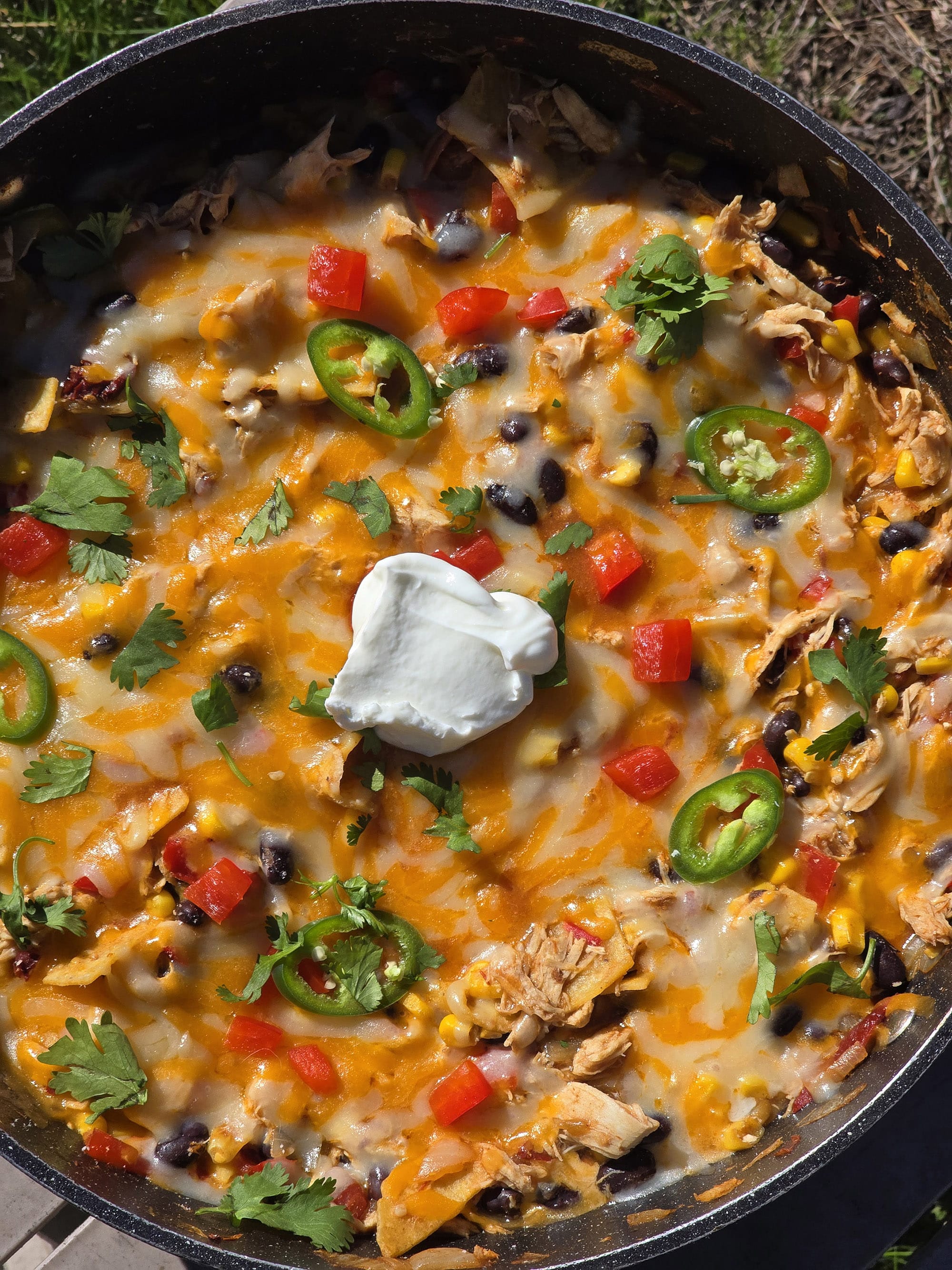 A pan of enchilada bake - red peppers, onions, corn, black beans, chicken, and enchilada sauce with cheese.