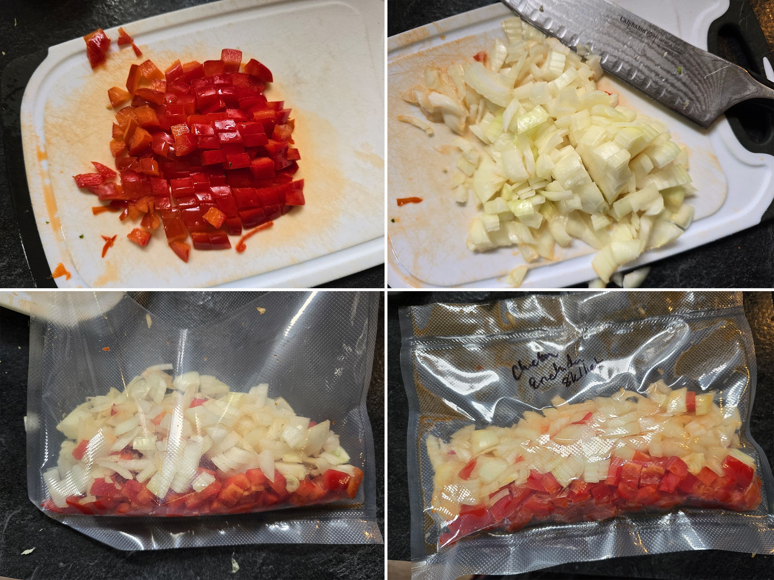 4 part image showing red pepper and onion being chopped up and sealed in a vacuum freezer baggie.