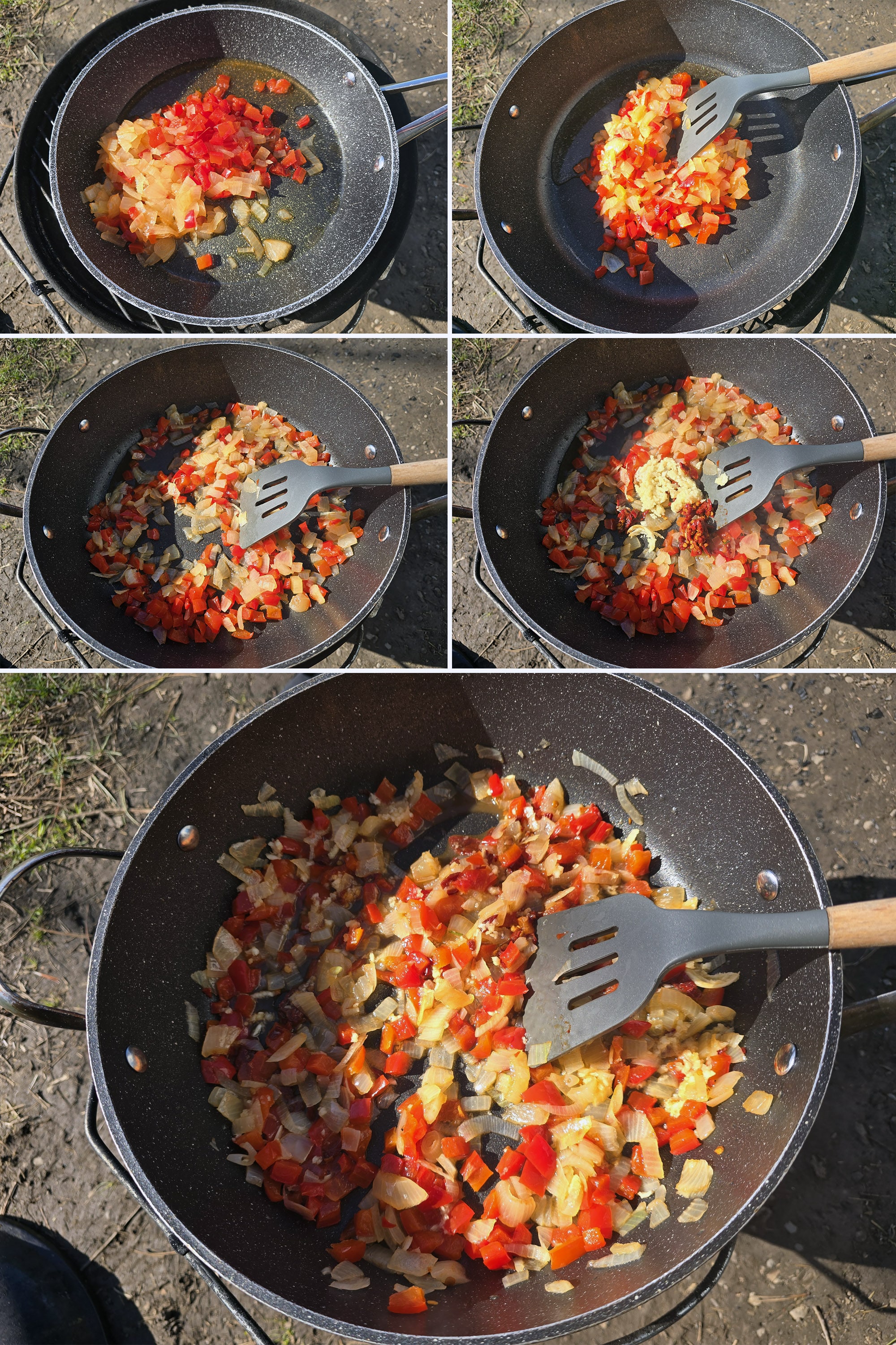 5 part image showing the veggies, chicken, and spices being added to the pot in stages.