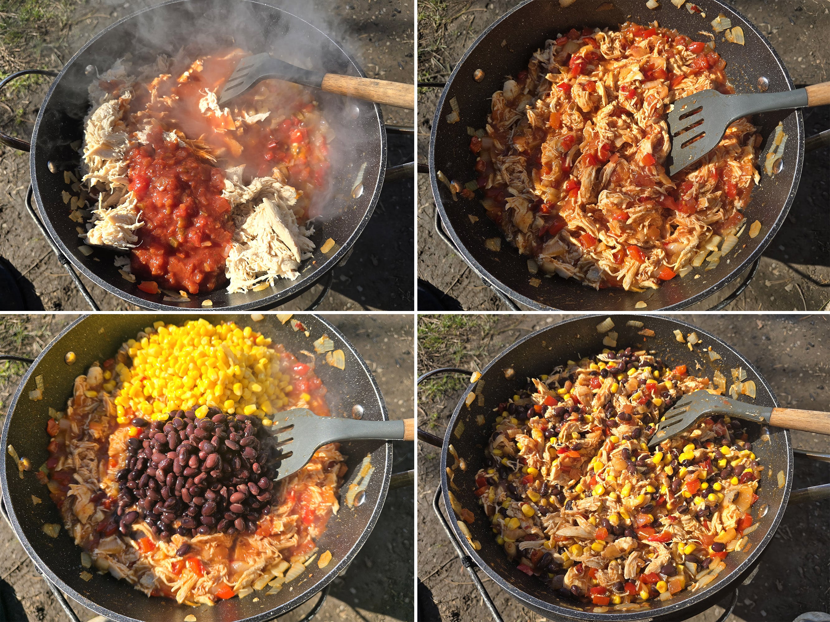 4 part image showing sauce, corn, and black beans being stirred into the pot.