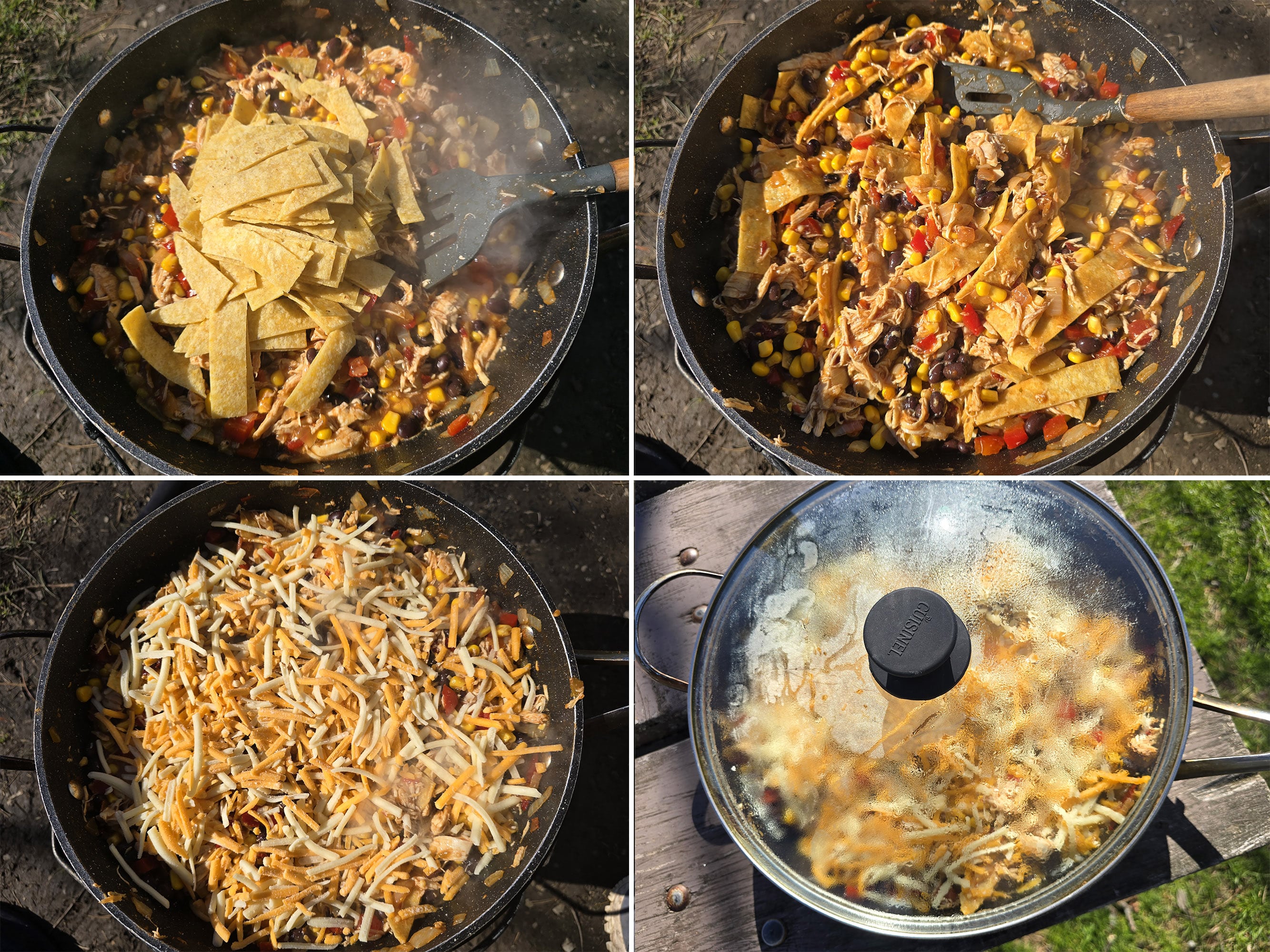 4 part image showing corn tortillas being stirred in, then cheese scatted on top and the pan covered with a lid.